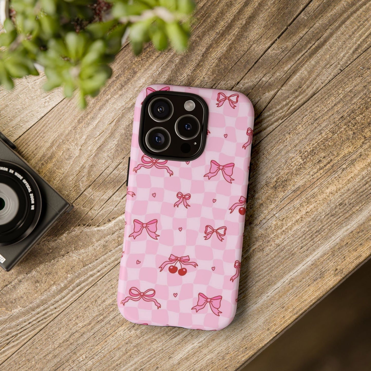 Pink Cherry Bow Phone Case — Cute Checkerboard iPhone Protection