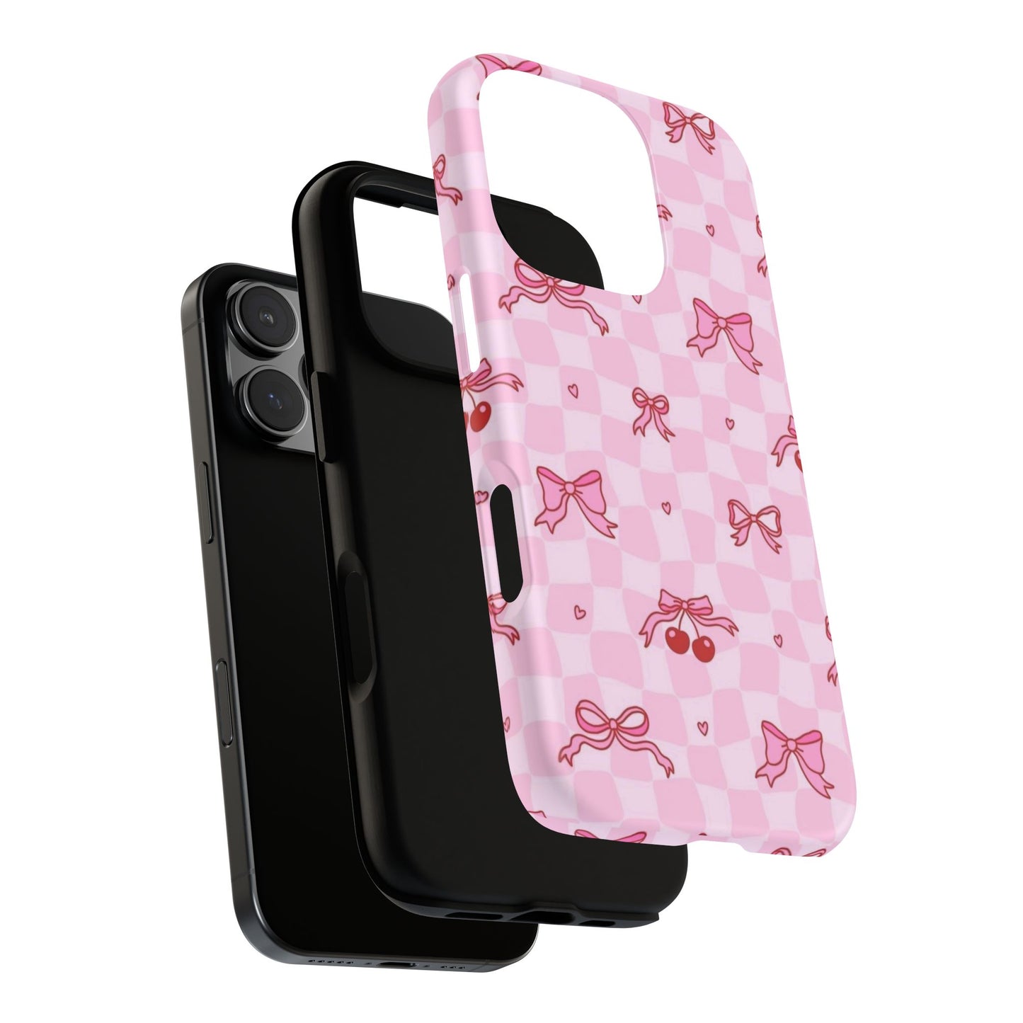 Pink Cherry Bow Phone Case — Cute Checkerboard iPhone Protection