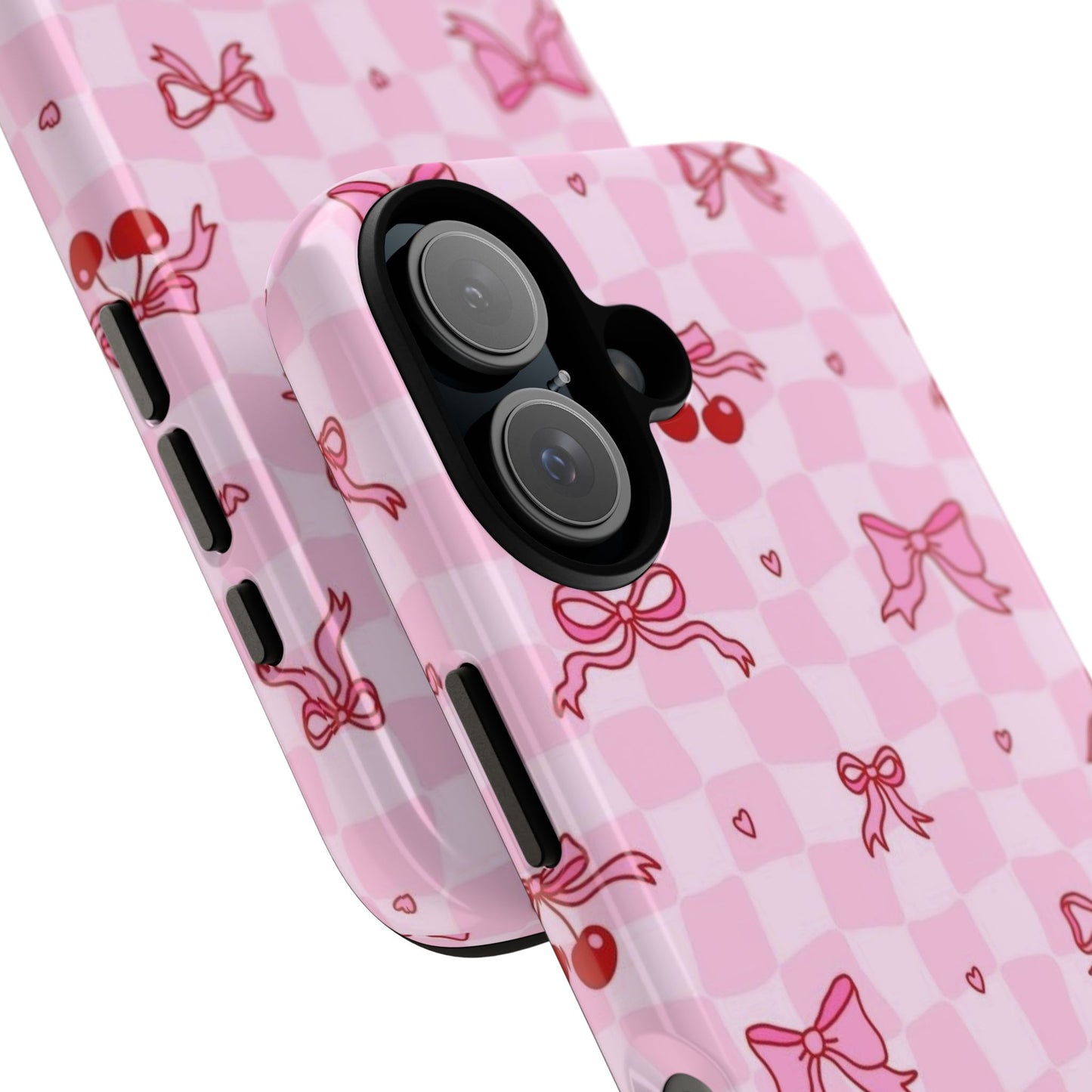 Pink Cherry Bow Phone Case — Cute Checkerboard iPhone Protection