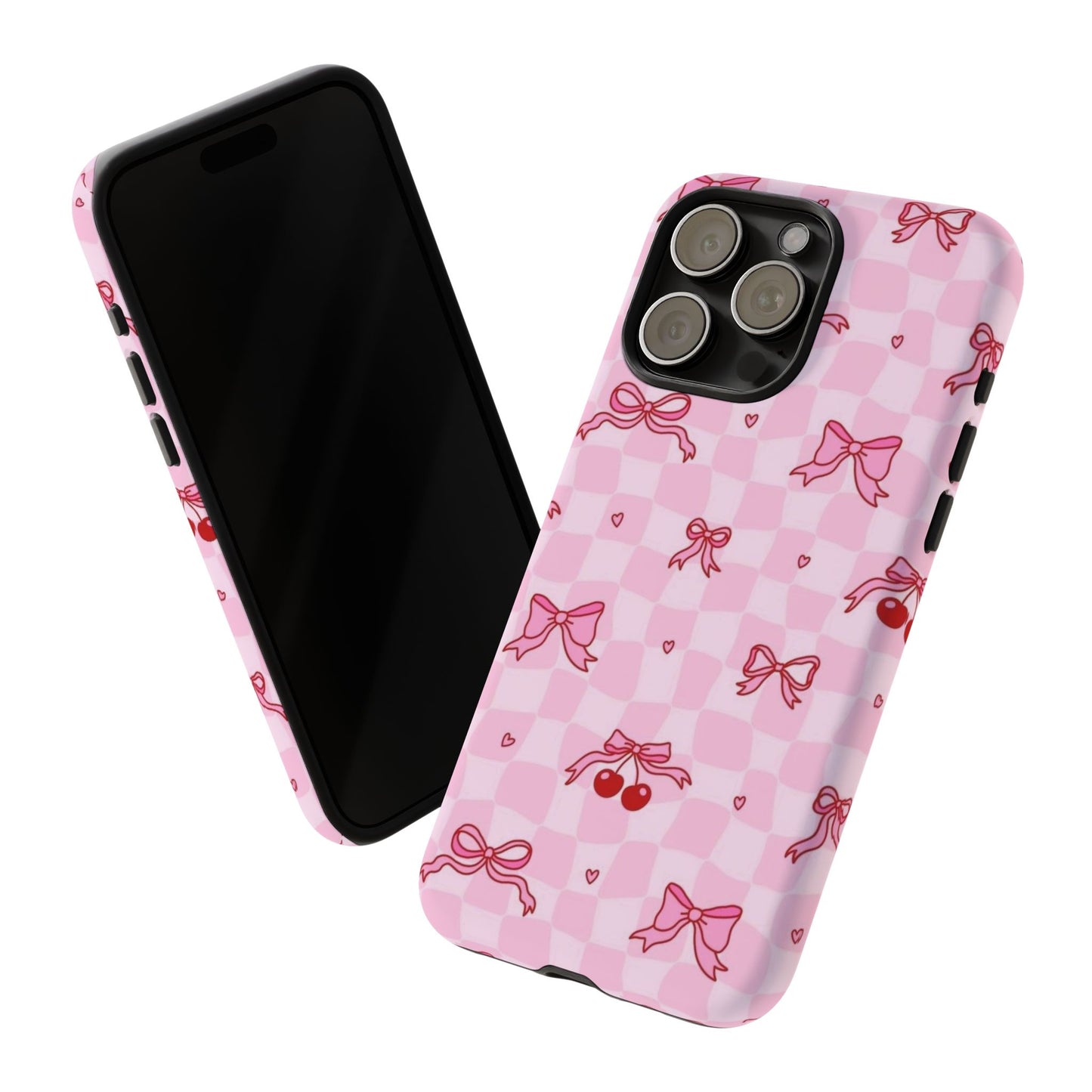 Pink Cherry Bow Phone Case — Cute Checkerboard iPhone Protection
