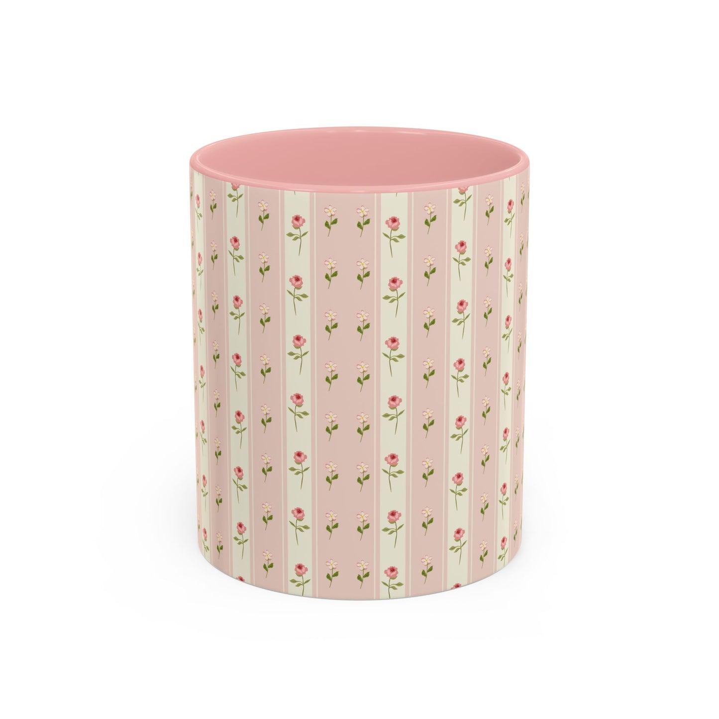 Pink Rose Stripe Accent Coffee Mug – Floral Vintage Tea Cup (11/15oz)