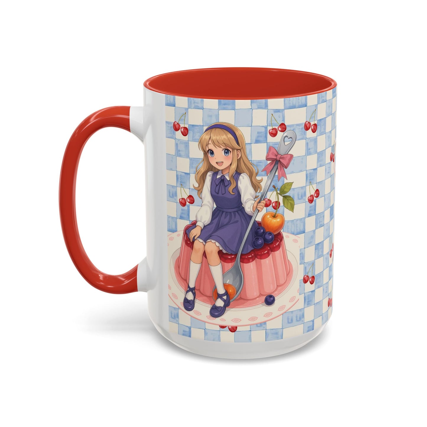 Cherry Cake Accent Coffee Mug — Vintage Checkered Dessert Design (11/15 oz)