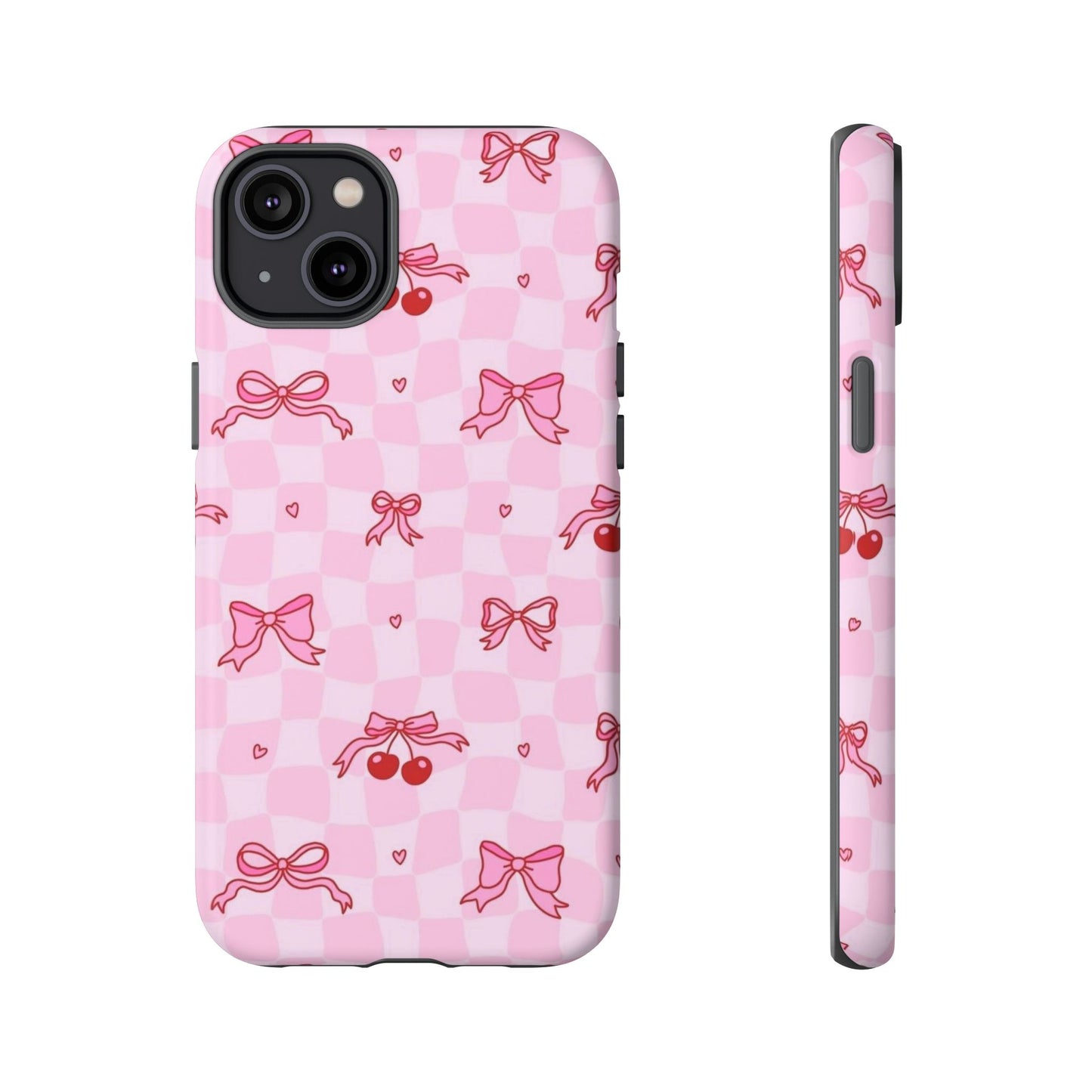 Pink Cherry Bow Phone Case — Cute Checkerboard iPhone Protection