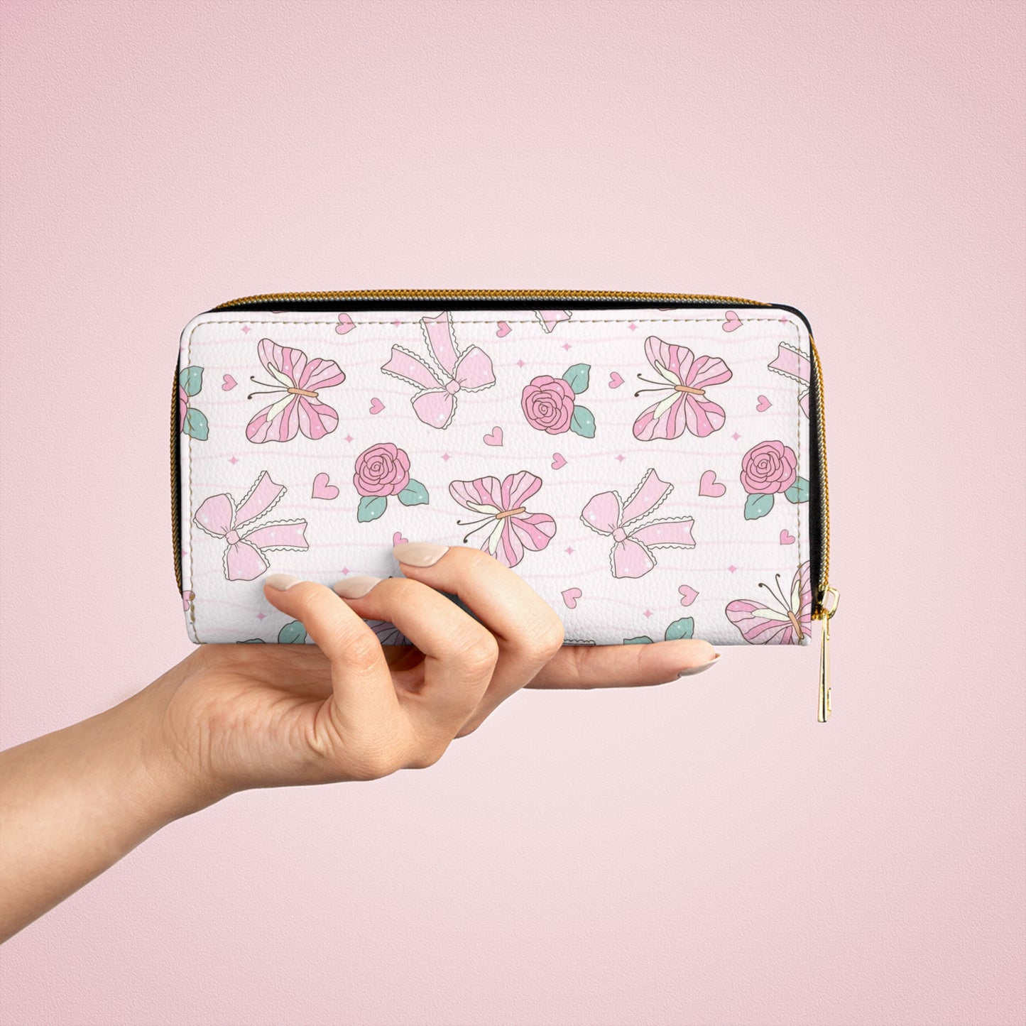 Floral Pink Bow Zipper Wallet — Cute Rose & Ribbon Travel Wallet