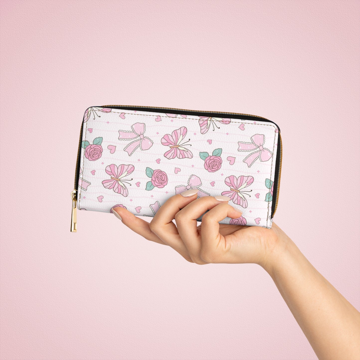 Floral Pink Bow Zipper Wallet — Cute Rose & Ribbon Travel Wallet