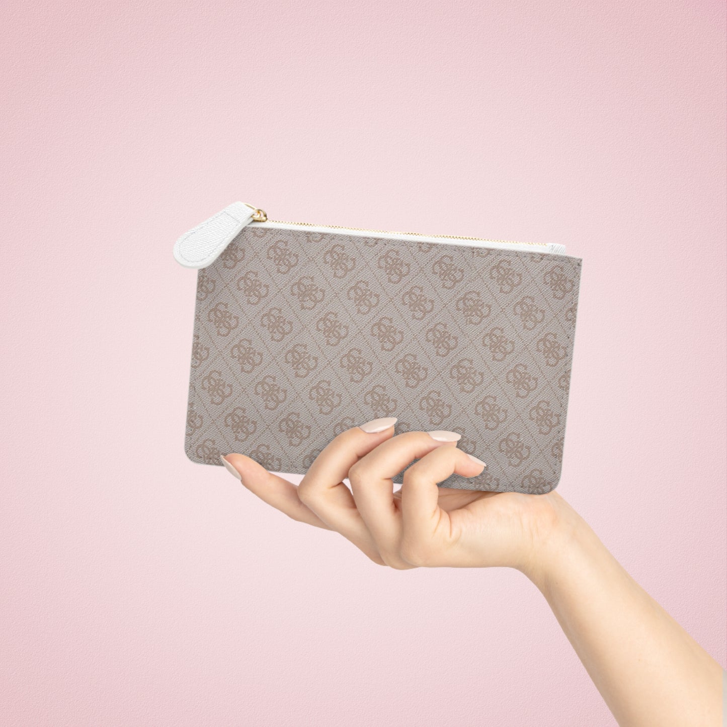 Mini Clutch Bag – Neutral Monogram Zip Pouch (Stylish Wallet, Travel Organizer)
