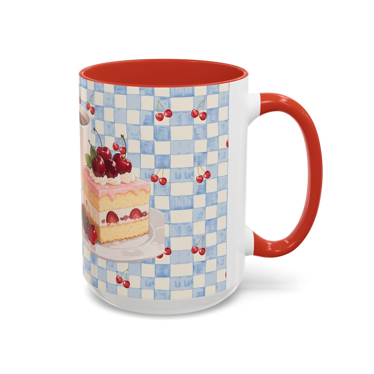 Cherry Cake Accent Coffee Mug — Vintage Checkered Dessert Design (11/15 oz)