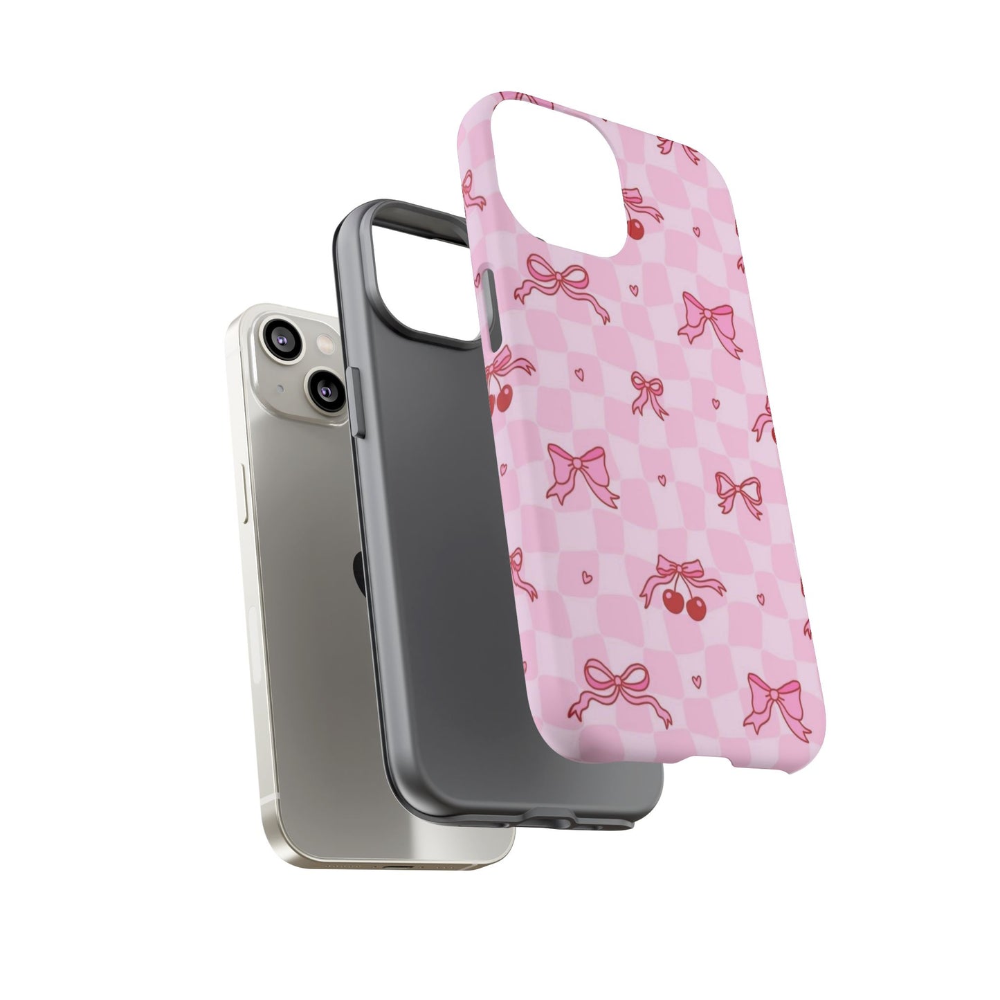 Pink Cherry Bow Phone Case — Cute Checkerboard iPhone Protection