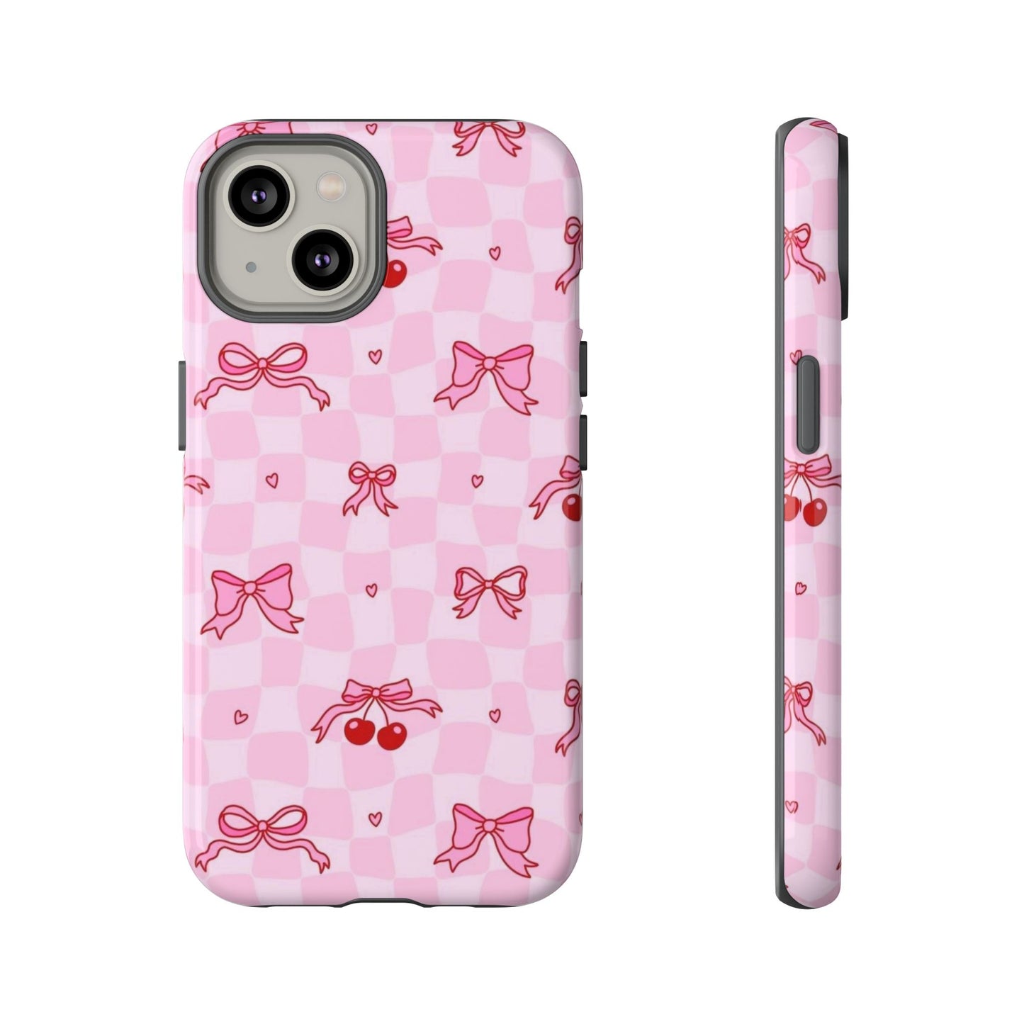 Pink Cherry Bow Phone Case — Cute Checkerboard iPhone Protection