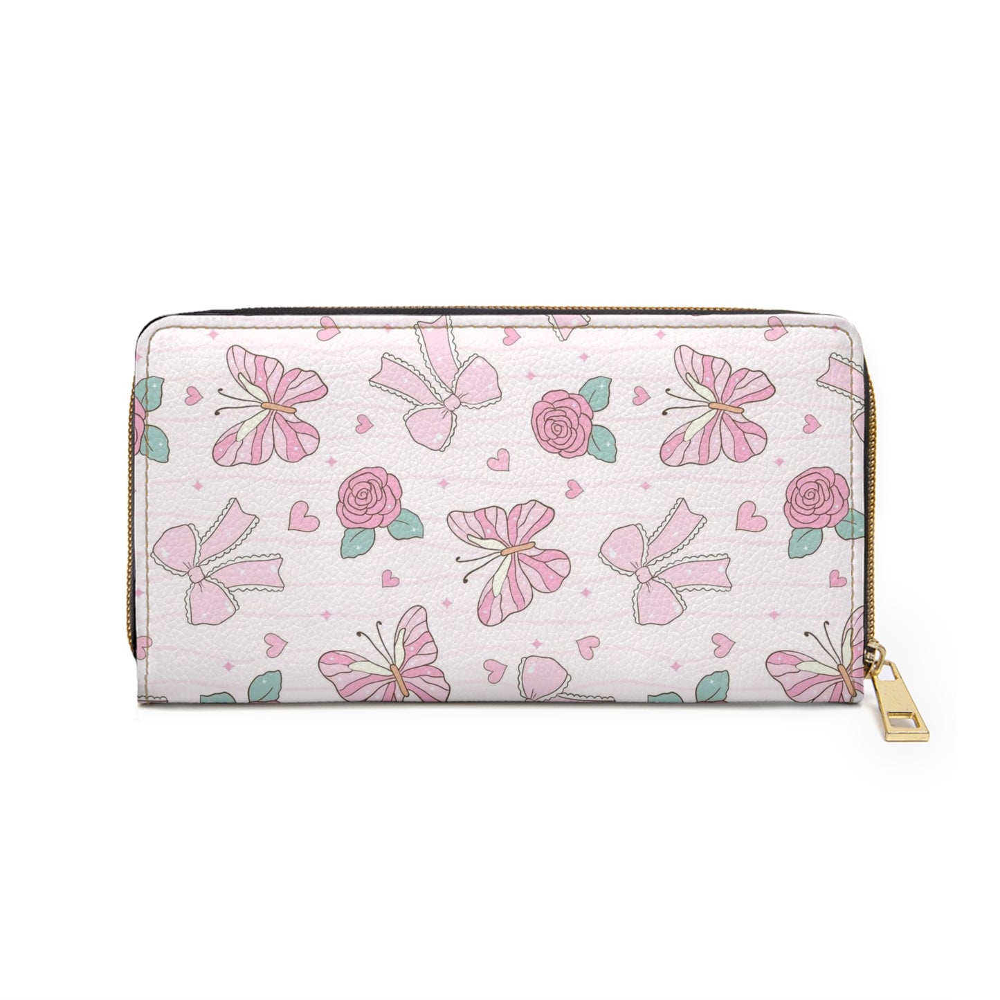 Floral Pink Bow Zipper Wallet — Cute Rose & Ribbon Travel Wallet