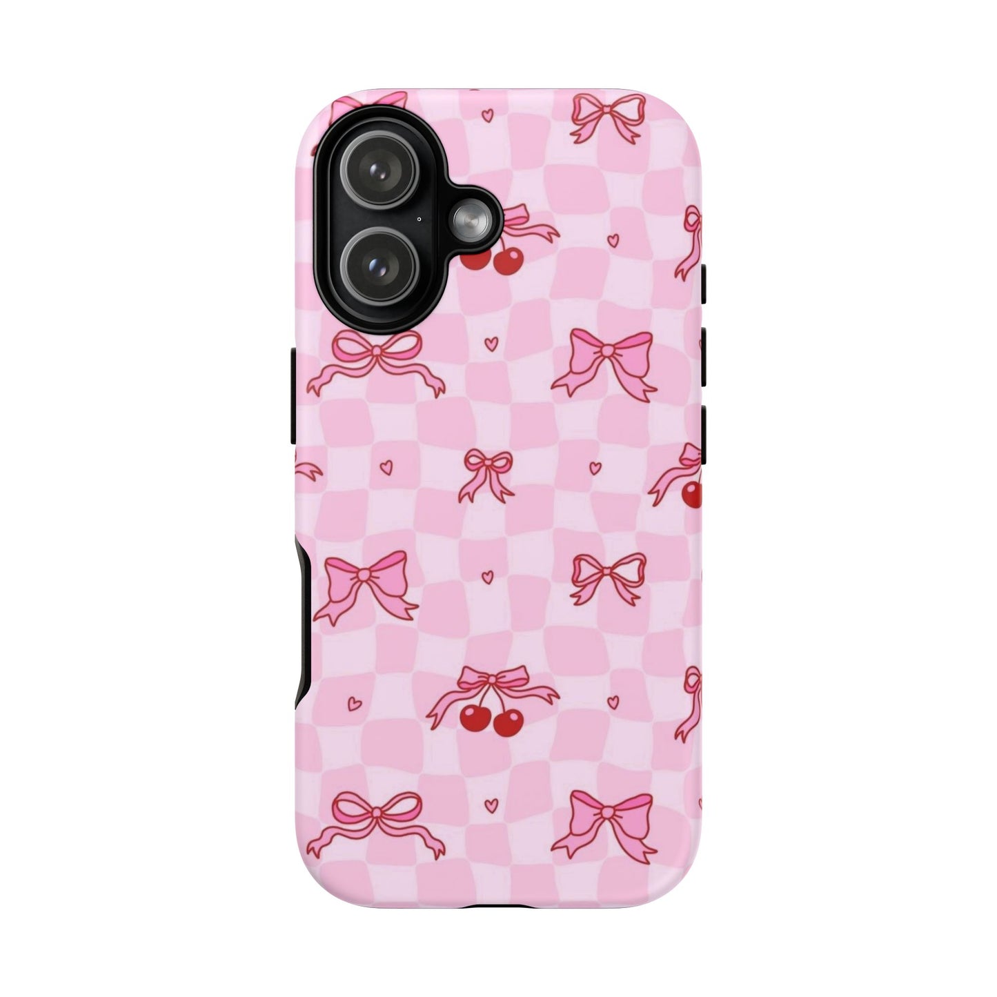 Pink Cherry Bow Phone Case — Cute Checkerboard iPhone Protection