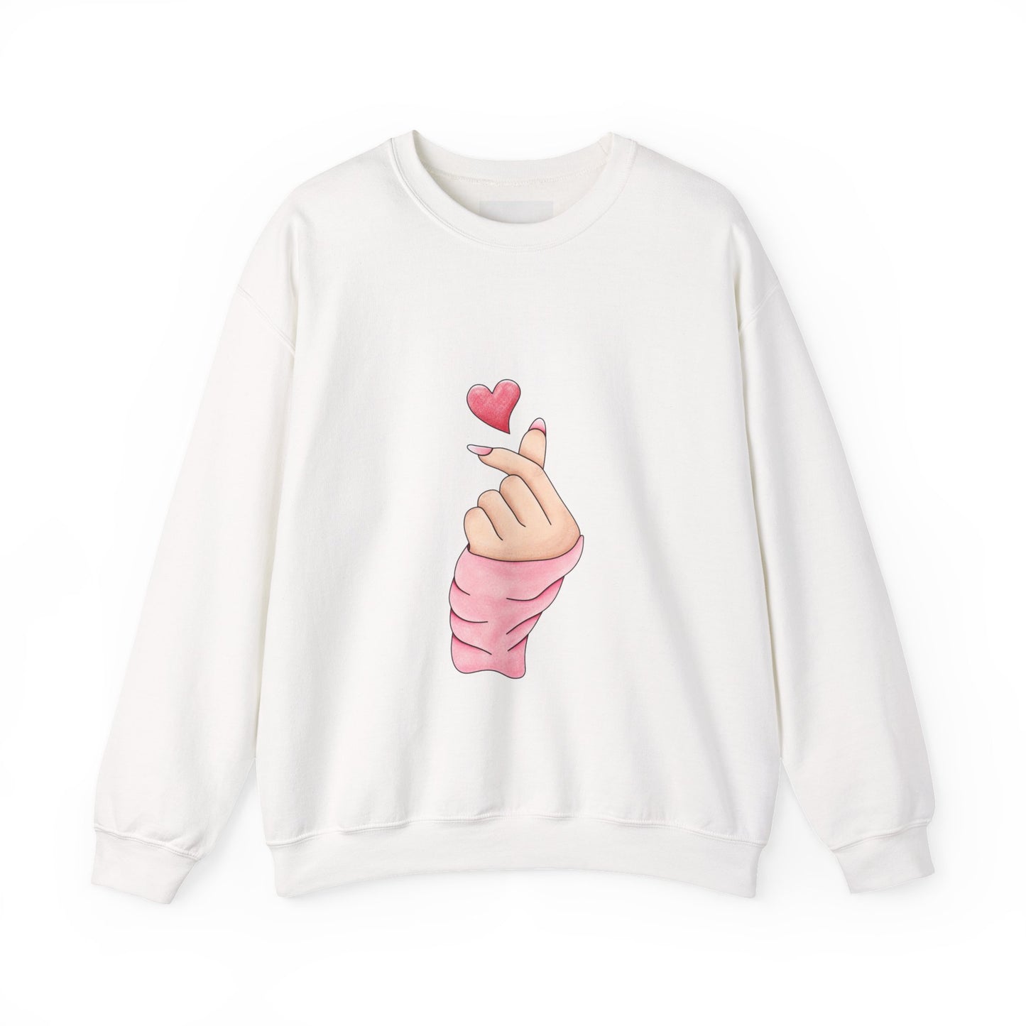 Crewneck Sweatshirt — K-Pop Finger Heart Design (Front Heart Hand, Back 'You' Location Map)