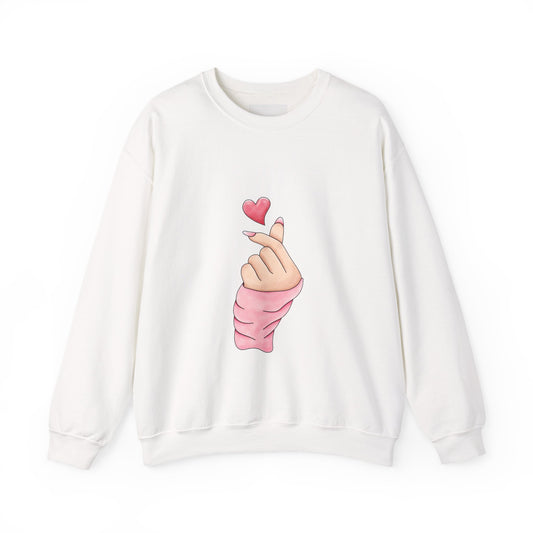 Crewneck Sweatshirt — K-Pop Finger Heart Design (Front Heart Hand, Back 'You' Location Map)