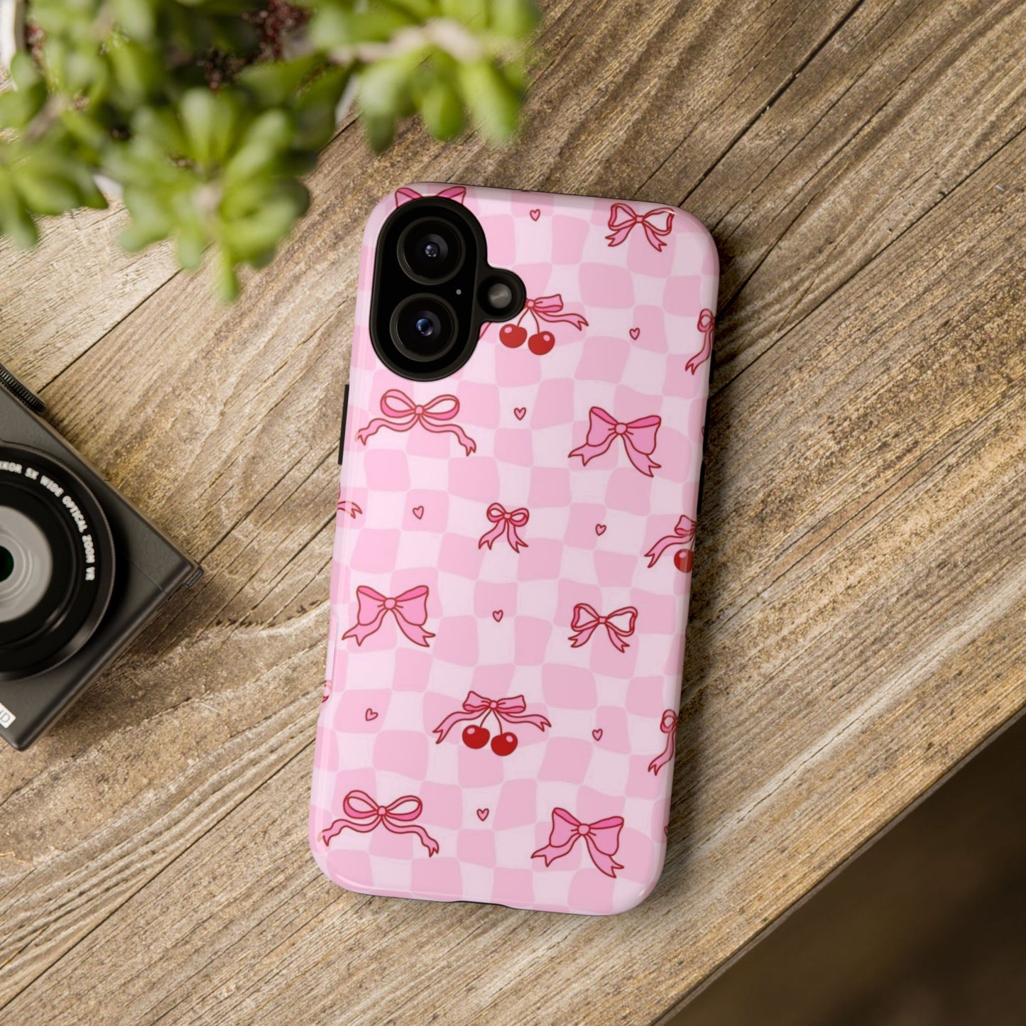 Pink Cherry Bow Phone Case — Cute Checkerboard iPhone Protection
