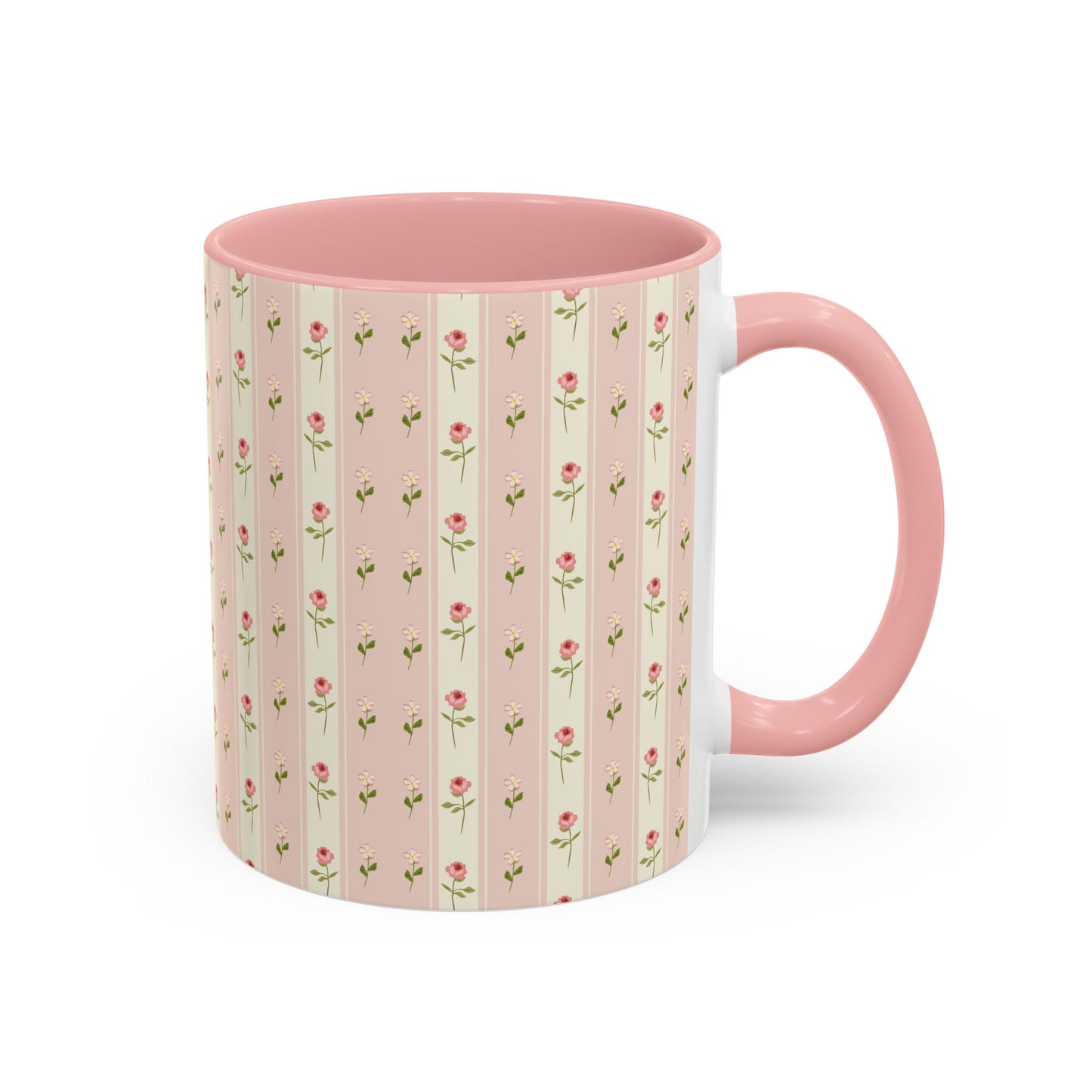 Pink Rose Stripe Accent Coffee Mug – Floral Vintage Tea Cup (11/15oz)