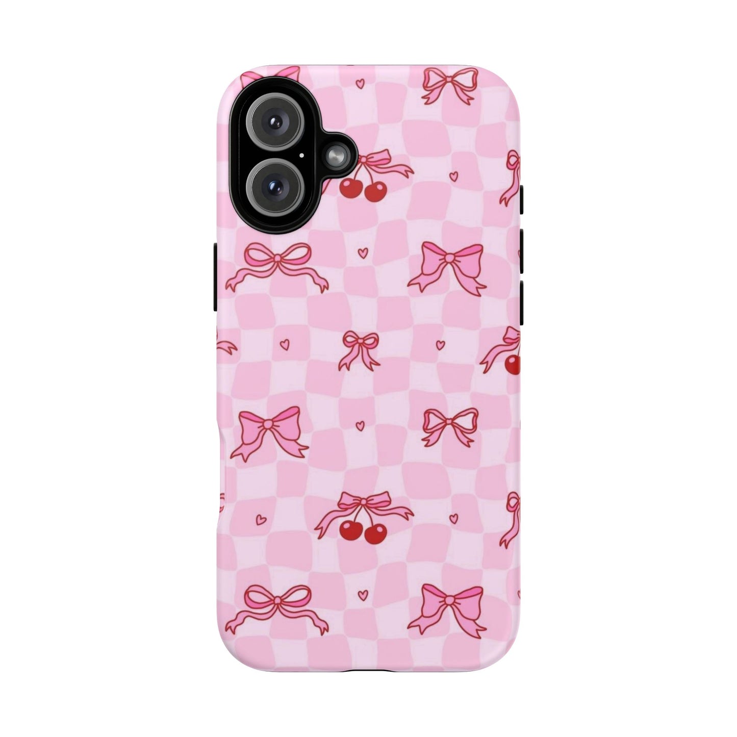 Pink Cherry Bow Phone Case — Cute Checkerboard iPhone Protection