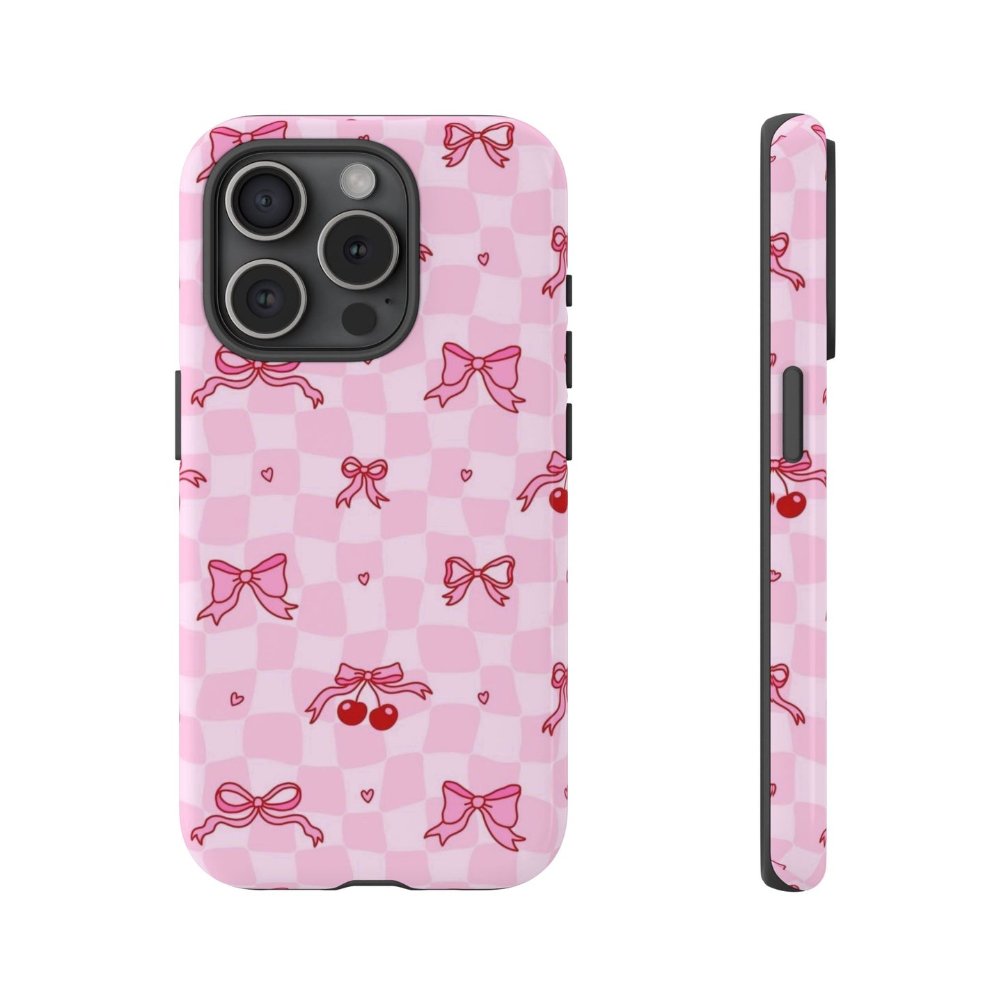 Pink Cherry Bow Phone Case — Cute Checkerboard iPhone Protection
