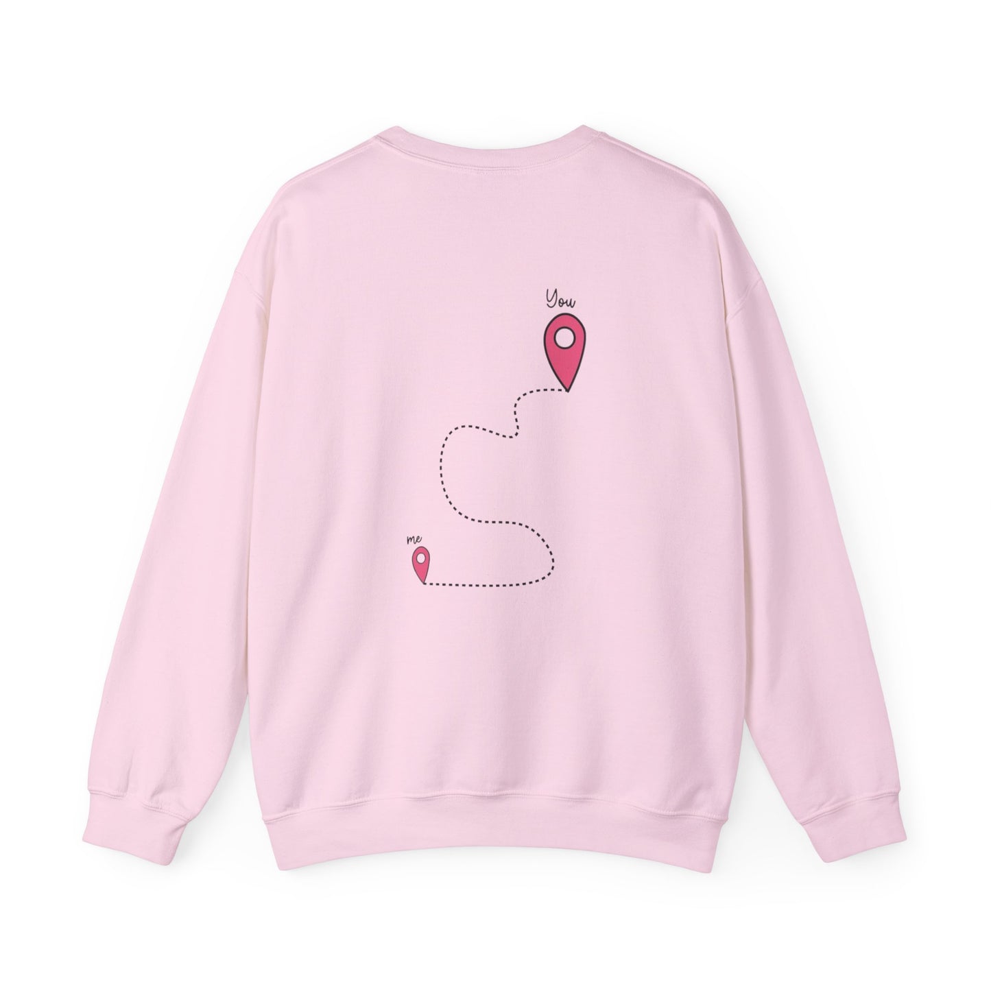 Crewneck Sweatshirt — K-Pop Finger Heart Design (Front Heart Hand, Back 'You' Location Map)