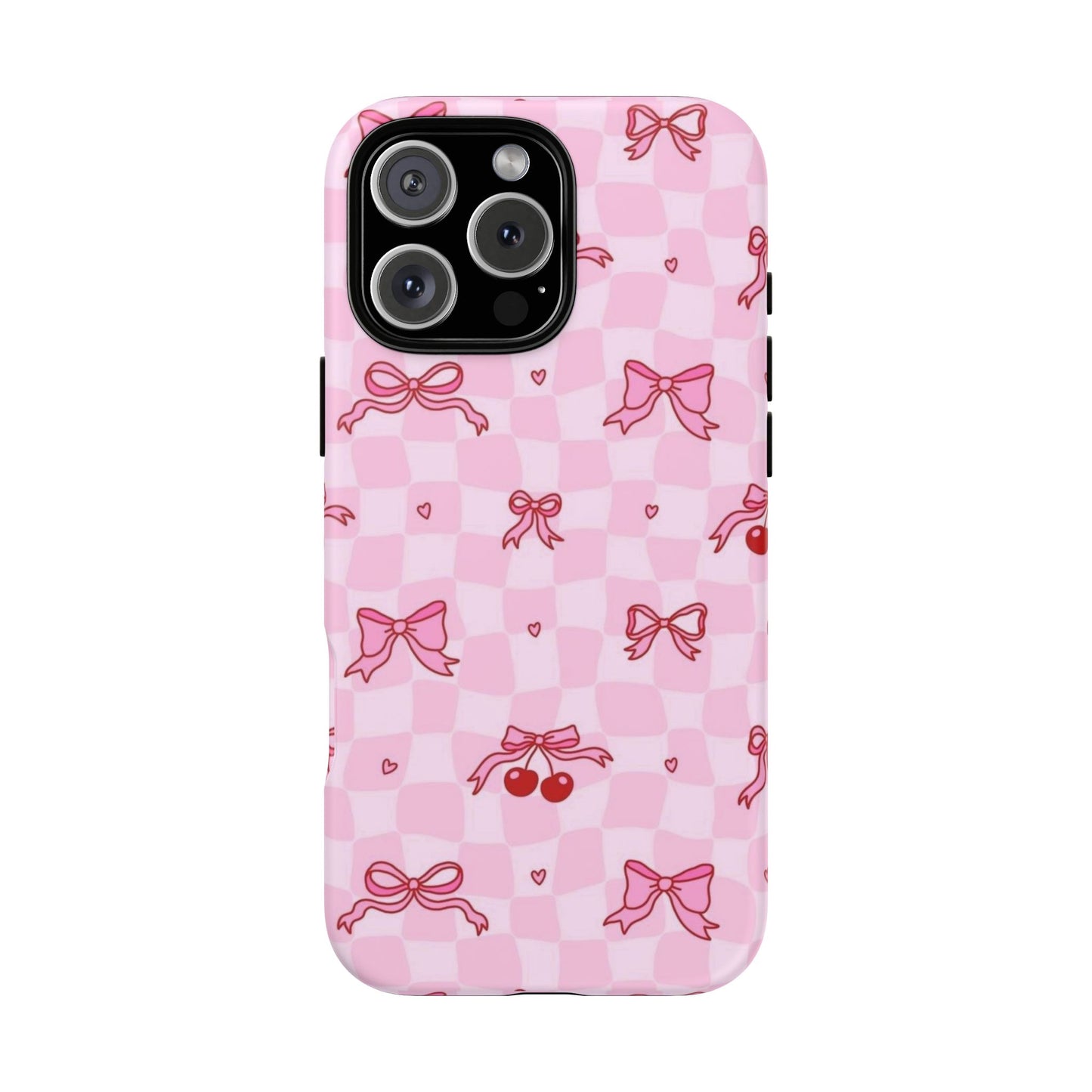 Pink Cherry Bow Phone Case — Cute Checkerboard iPhone Protection