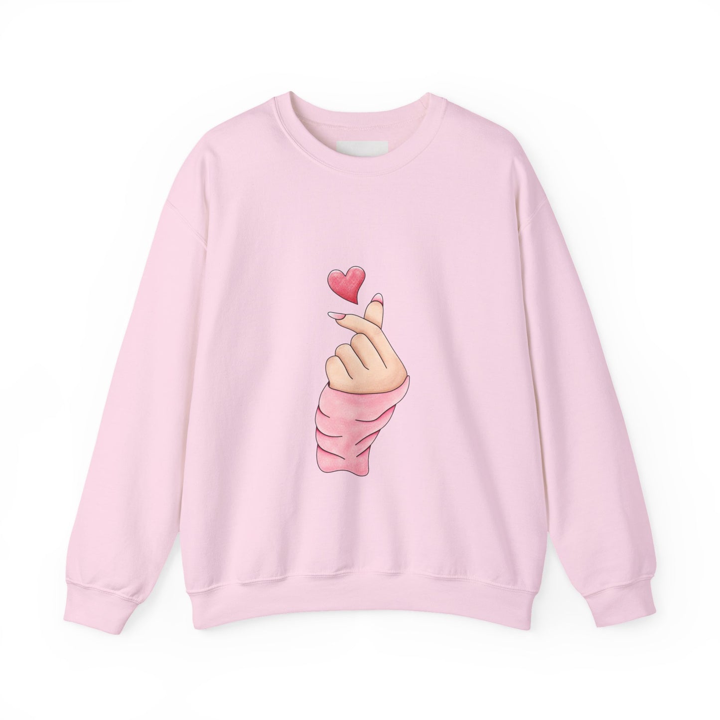 Crewneck Sweatshirt — K-Pop Finger Heart Design (Front Heart Hand, Back 'You' Location Map)