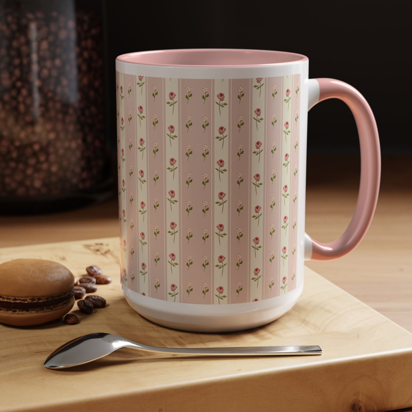 Pink Rose Stripe Accent Coffee Mug – Floral Vintage Tea Cup (11/15oz)