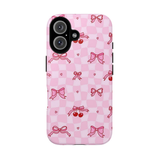 Pink Cherry Bow Phone Case — Cute Checkerboard iPhone Protection