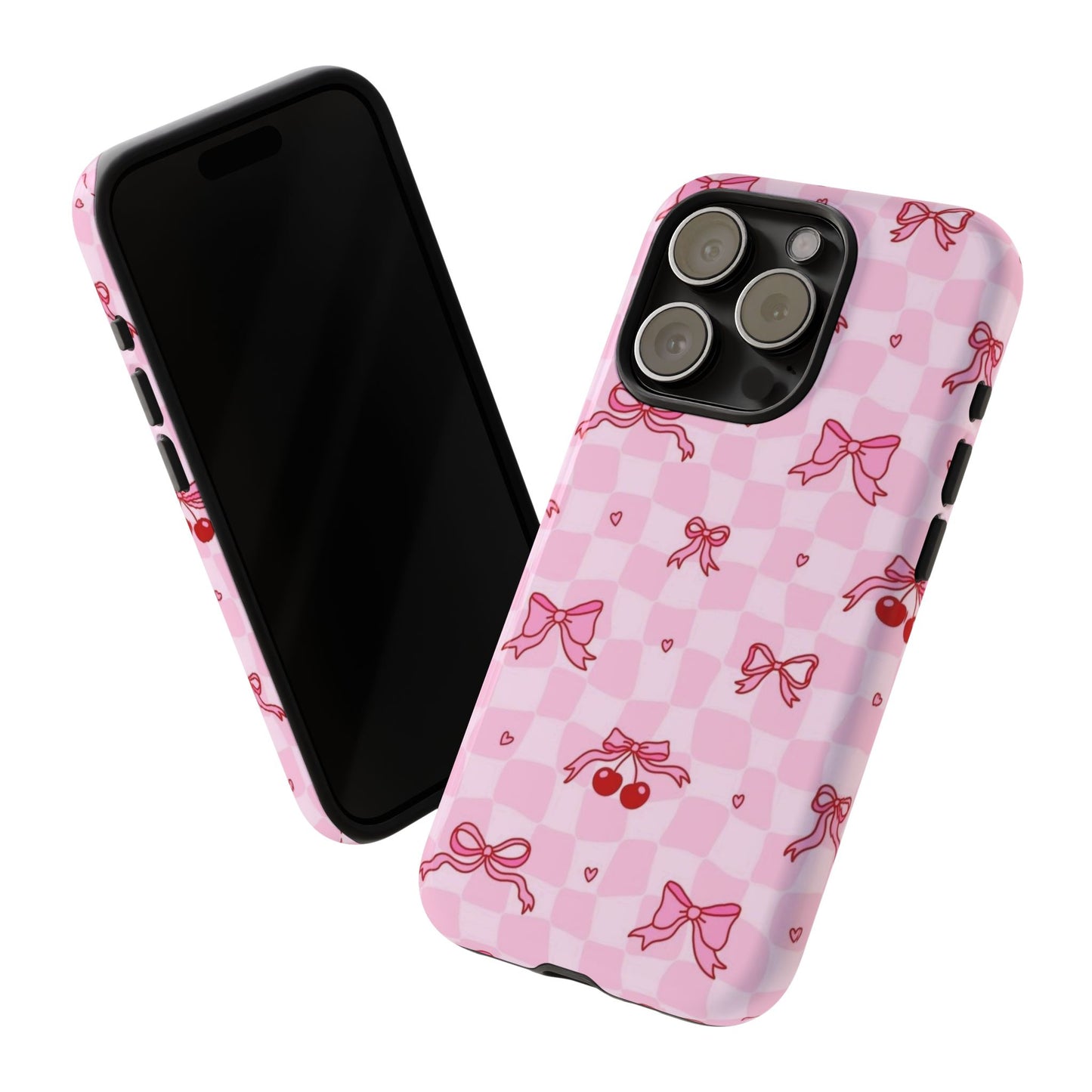 Pink Cherry Bow Phone Case — Cute Checkerboard iPhone Protection