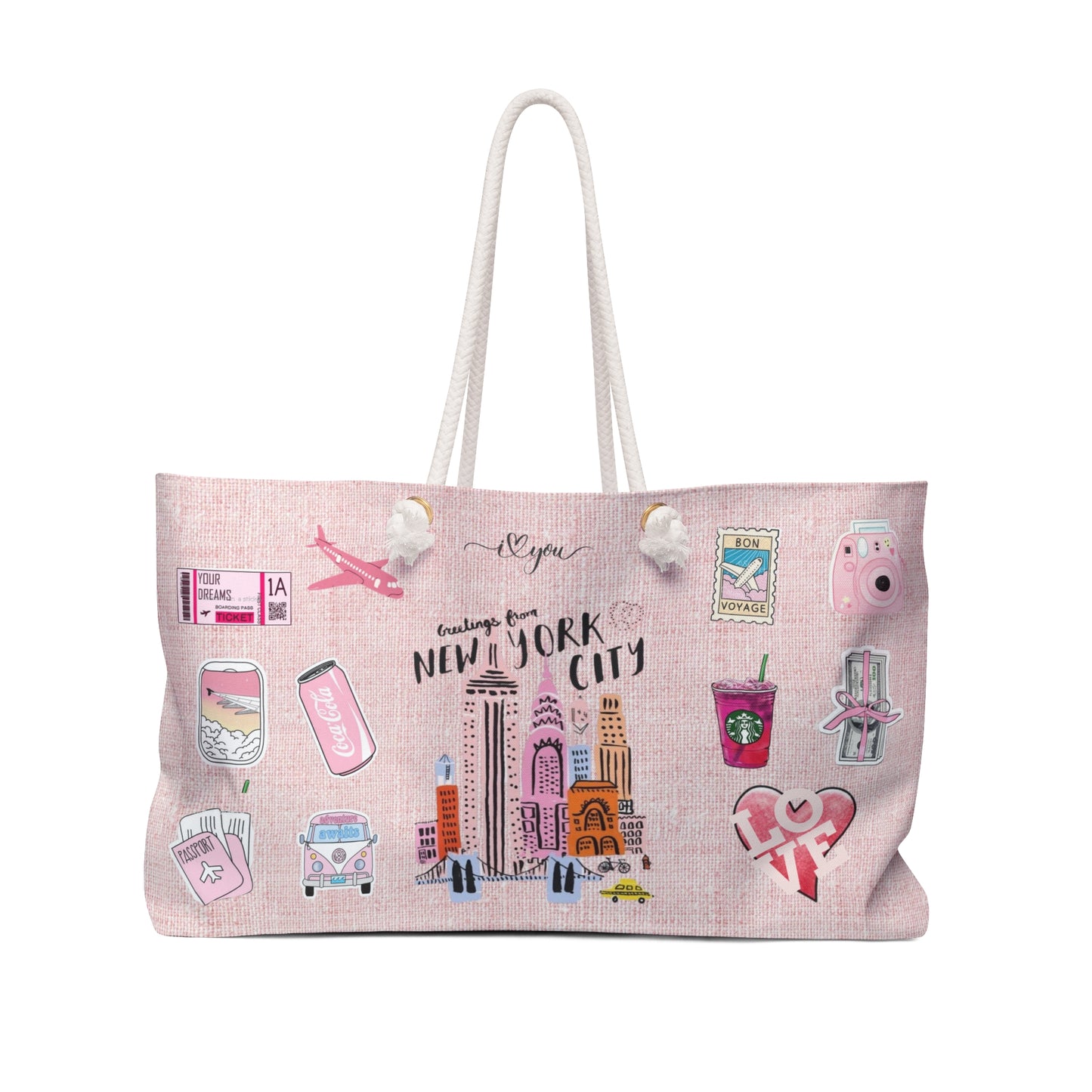 New York City Pink Weekender Bag — Travel Tote with Cute City Icons