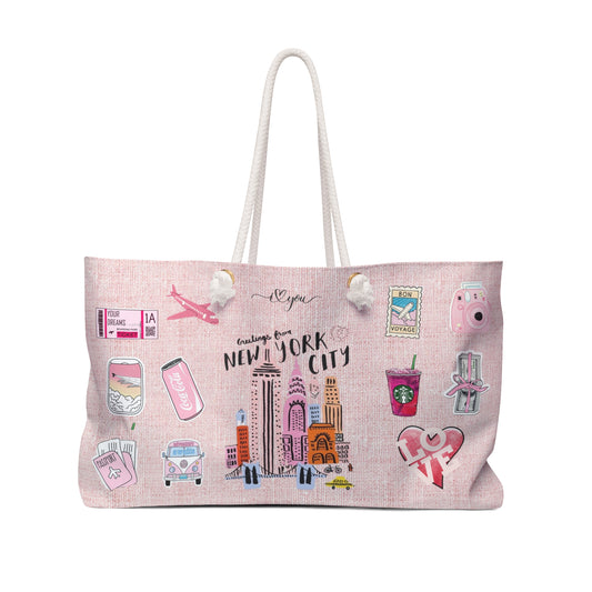 New York City Pink Weekender Bag — Travel Tote with Cute City Icons