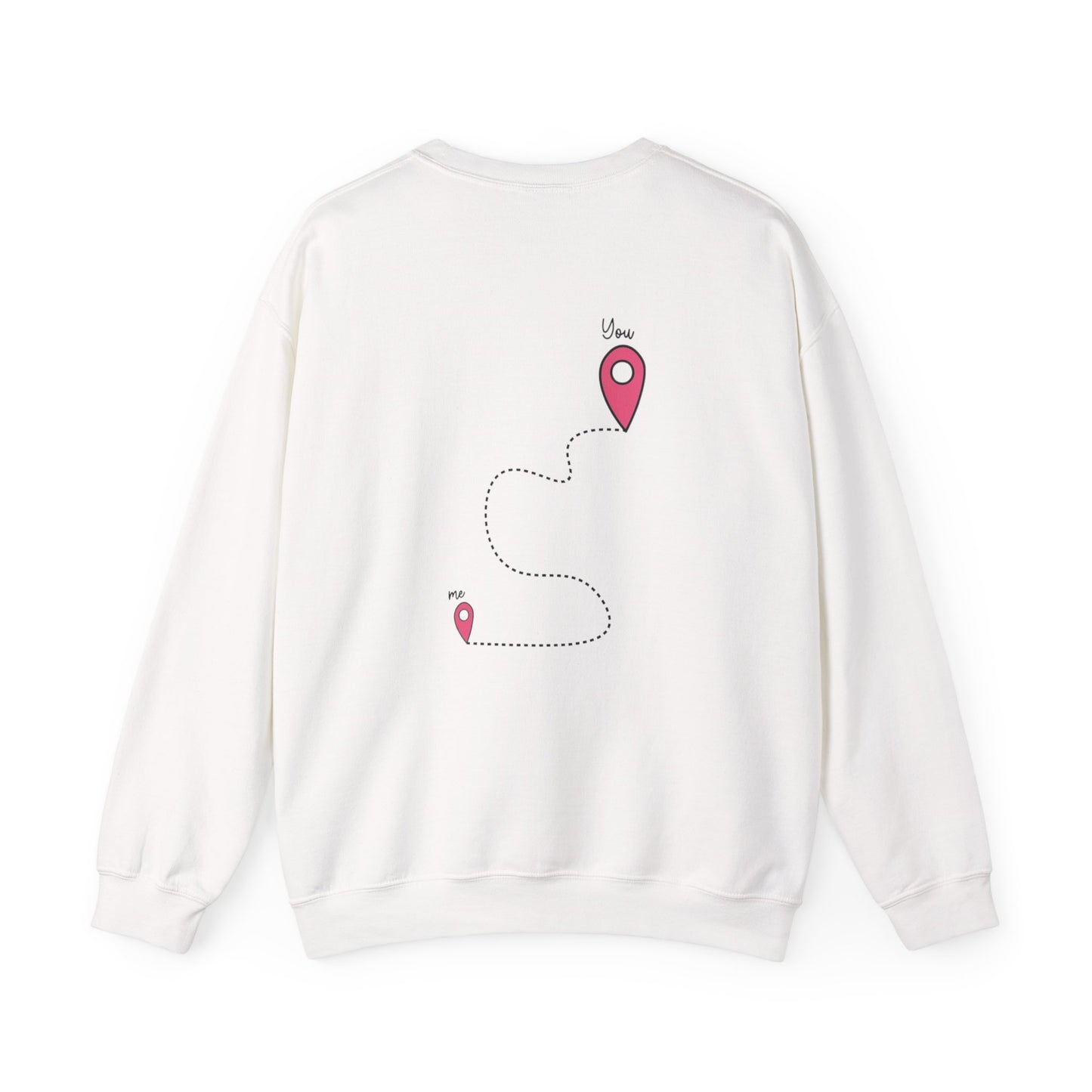 Crewneck Sweatshirt — K-Pop Finger Heart Design (Front Heart Hand, Back 'You' Location Map)