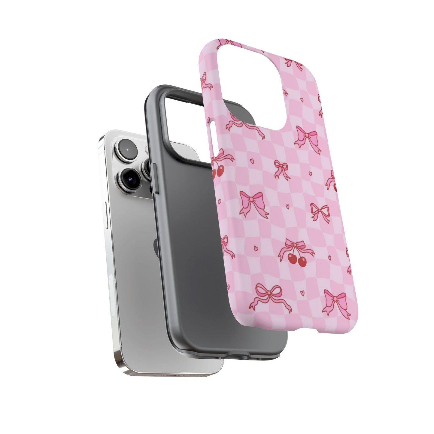 Pink Cherry Bow Phone Case — Cute Checkerboard iPhone Protection