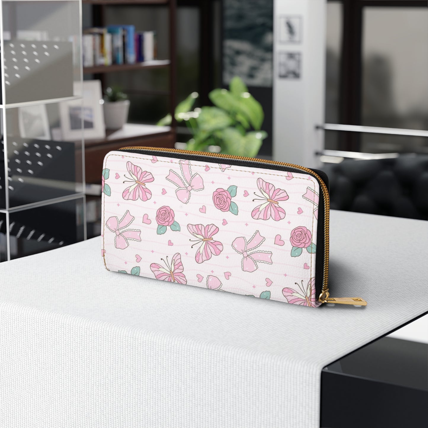Floral Pink Bow Zipper Wallet — Cute Rose & Ribbon Travel Wallet