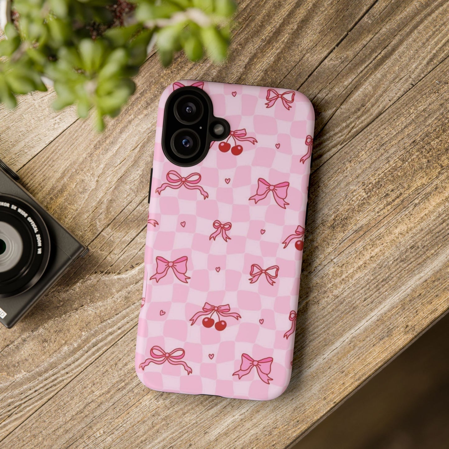 Pink Cherry Bow Phone Case — Cute Checkerboard iPhone Protection