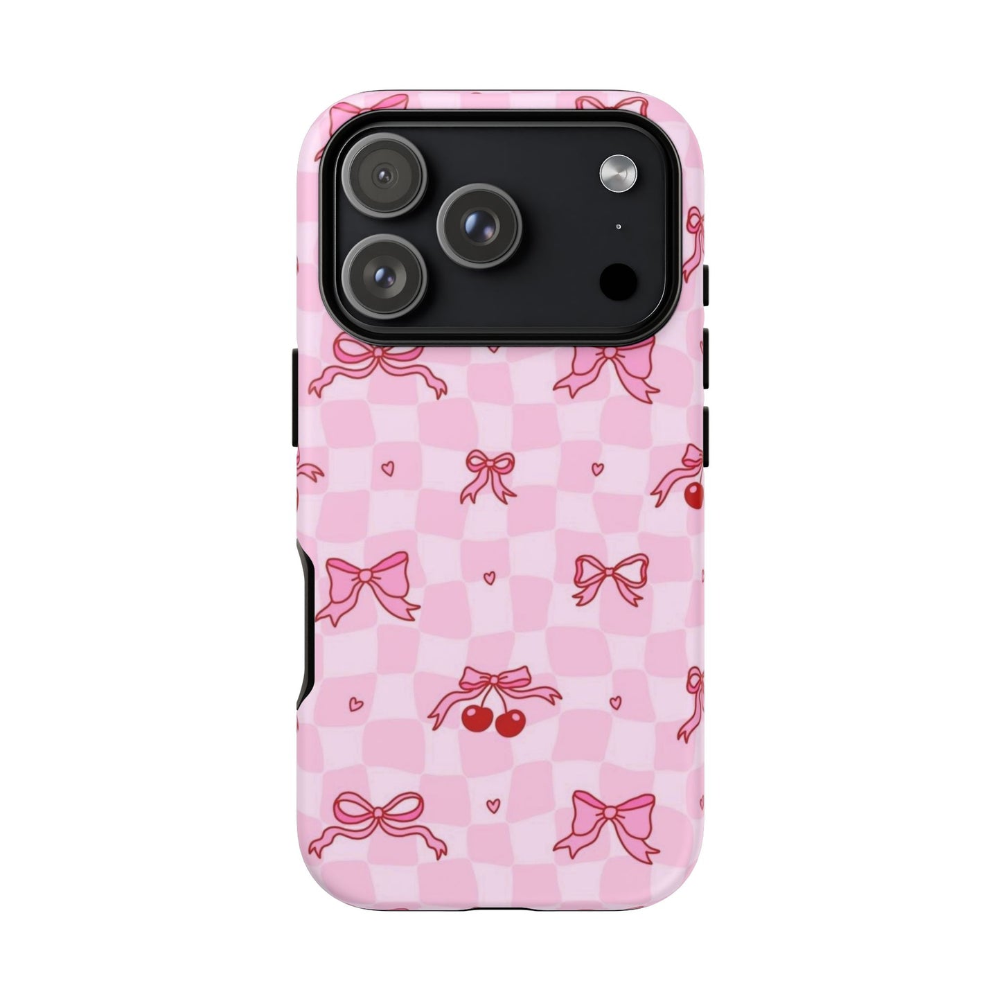 Pink Cherry Bow Phone Case — Cute Checkerboard iPhone Protection