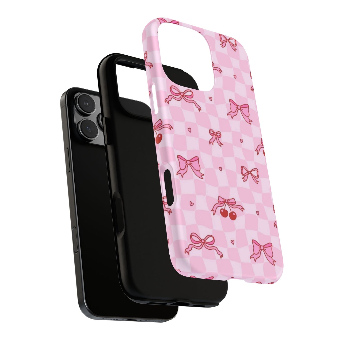 Pink Cherry Bow Phone Case — Cute Checkerboard iPhone Protection