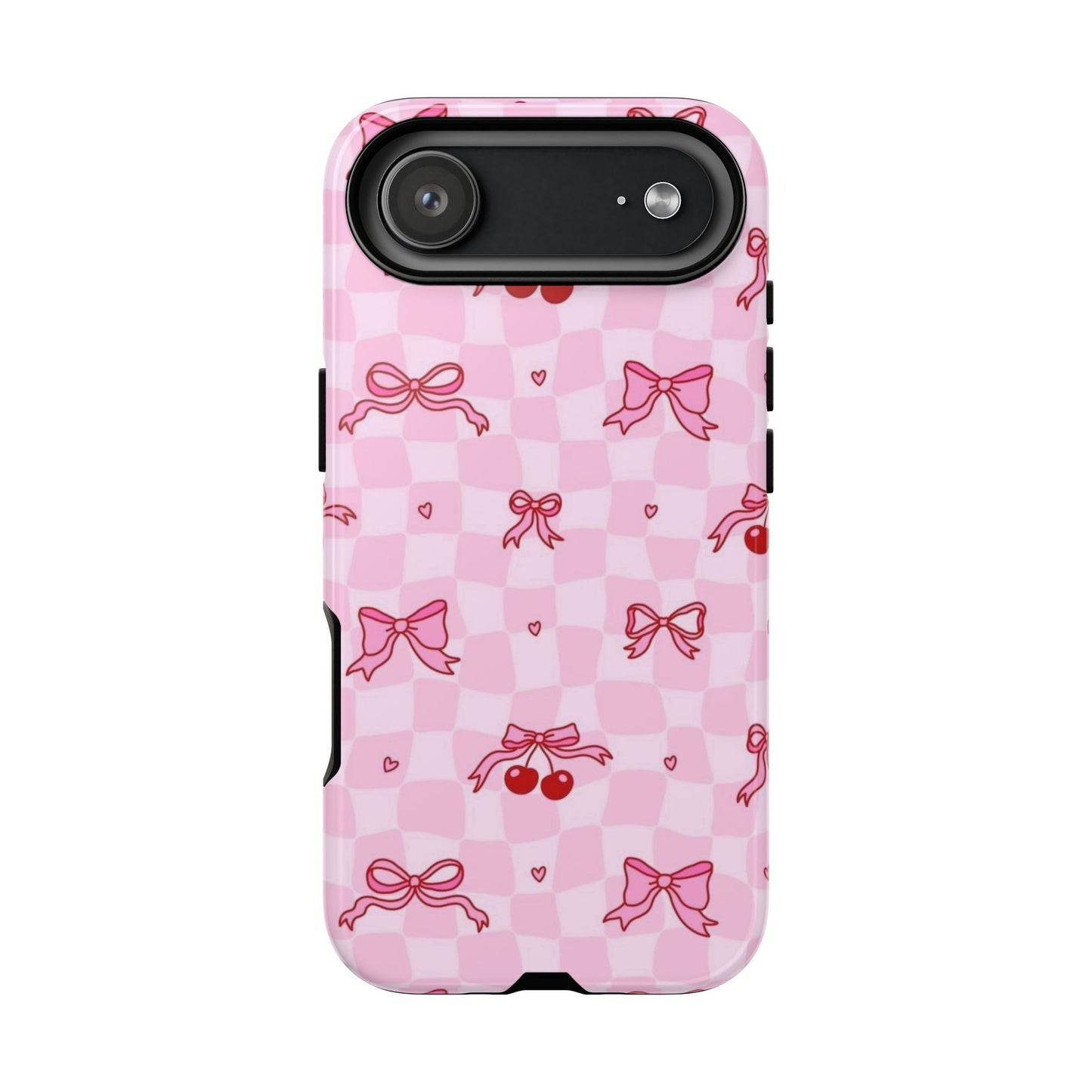 Pink Cherry Bow Phone Case — Cute Checkerboard iPhone Protection
