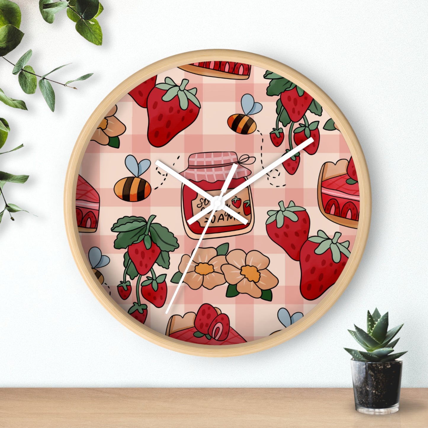 Strawberry Jam Pattern Wall Clock — Cute Gingham Kitchen Decor