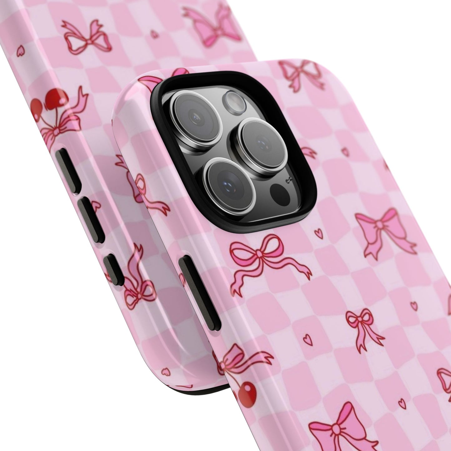 Pink Cherry Bow Phone Case — Cute Checkerboard iPhone Protection
