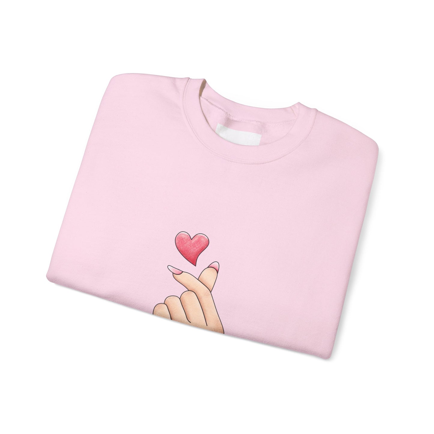 Crewneck Sweatshirt — K-Pop Finger Heart Design (Front Heart Hand, Back 'You' Location Map)