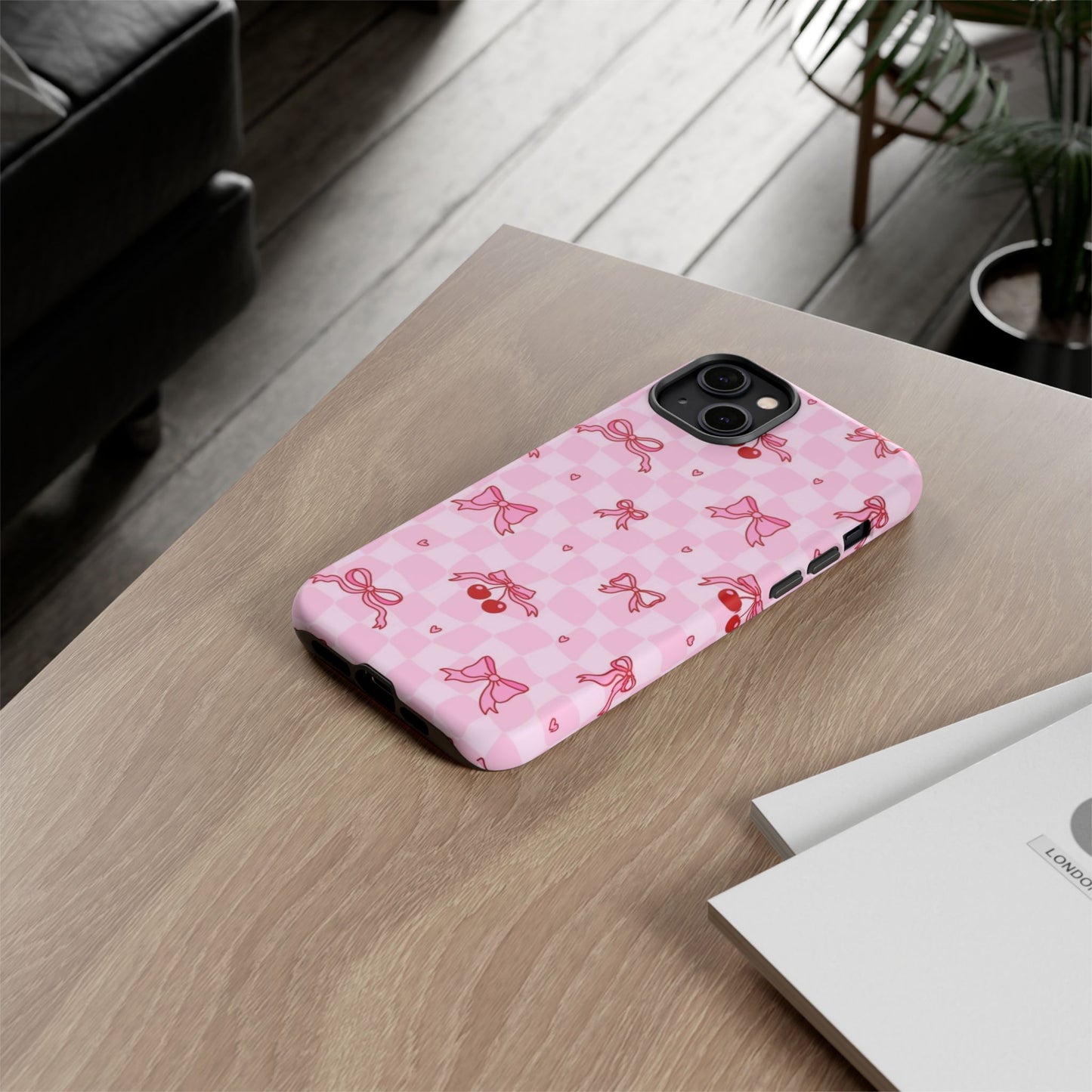 Pink Cherry Bow Phone Case — Cute Checkerboard iPhone Protection