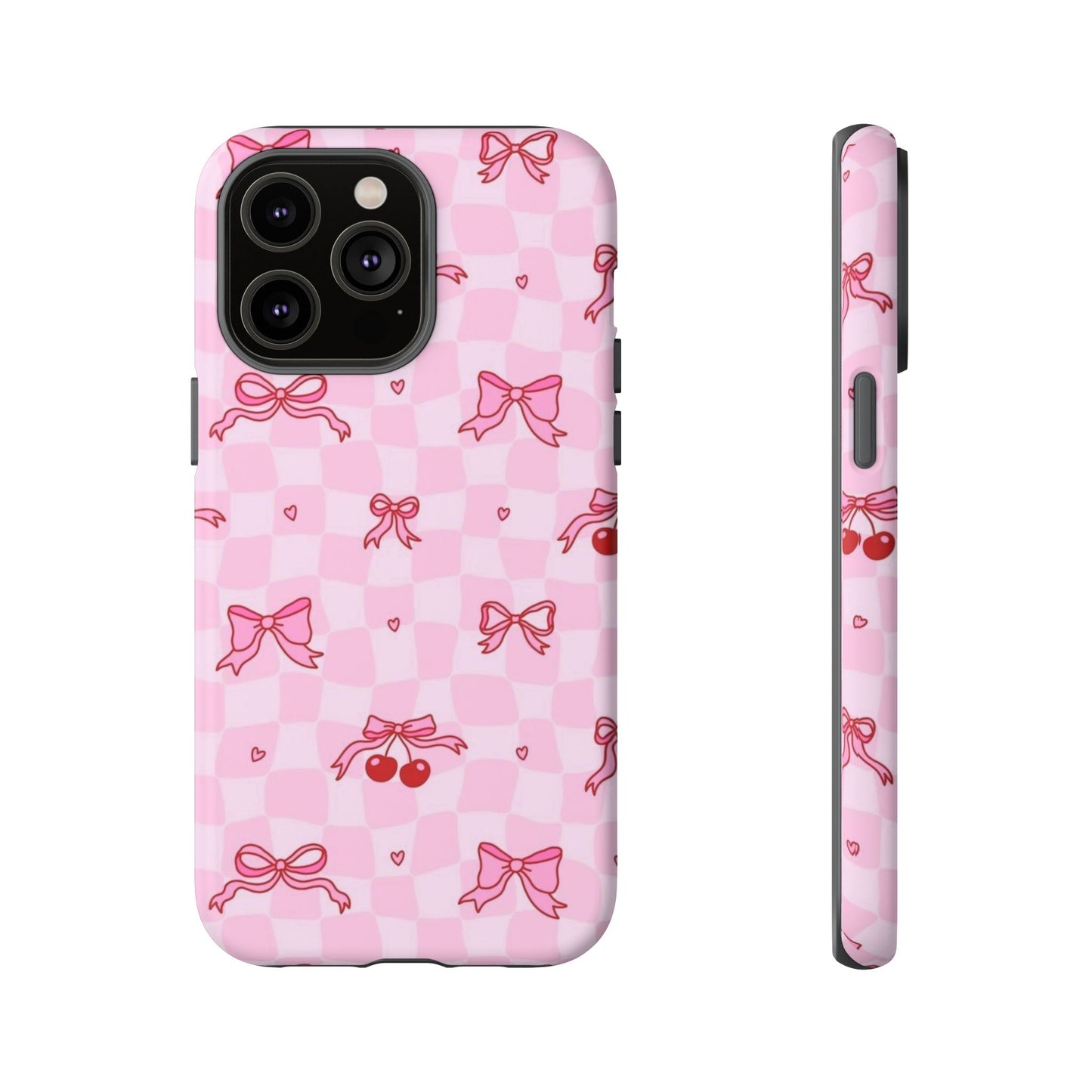 Pink Cherry Bow Phone Case — Cute Checkerboard iPhone Protection