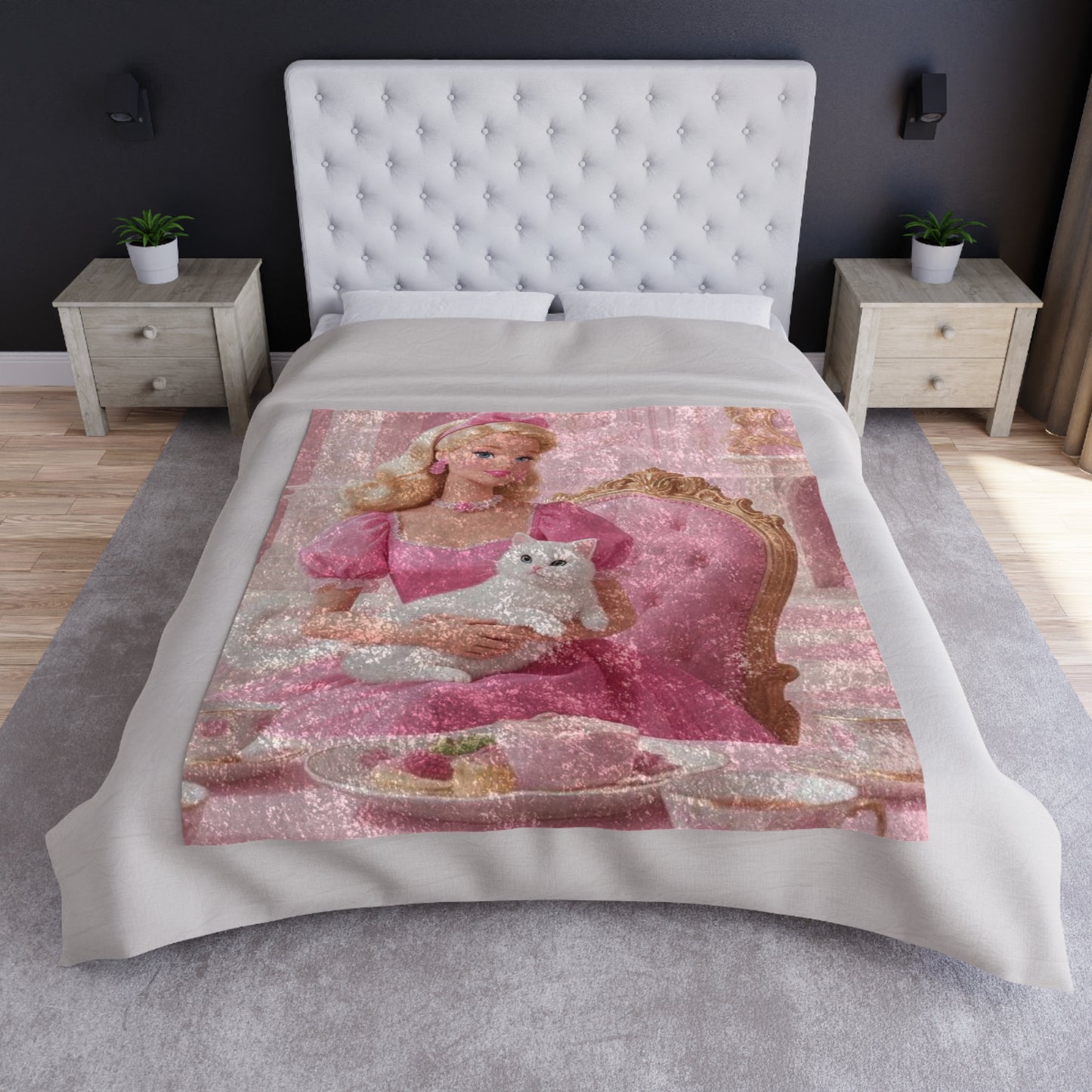 Crushed Velvet Blanket — Vintage Barbie Glam Throw with White Cat (Pink Princess Aesthetic)