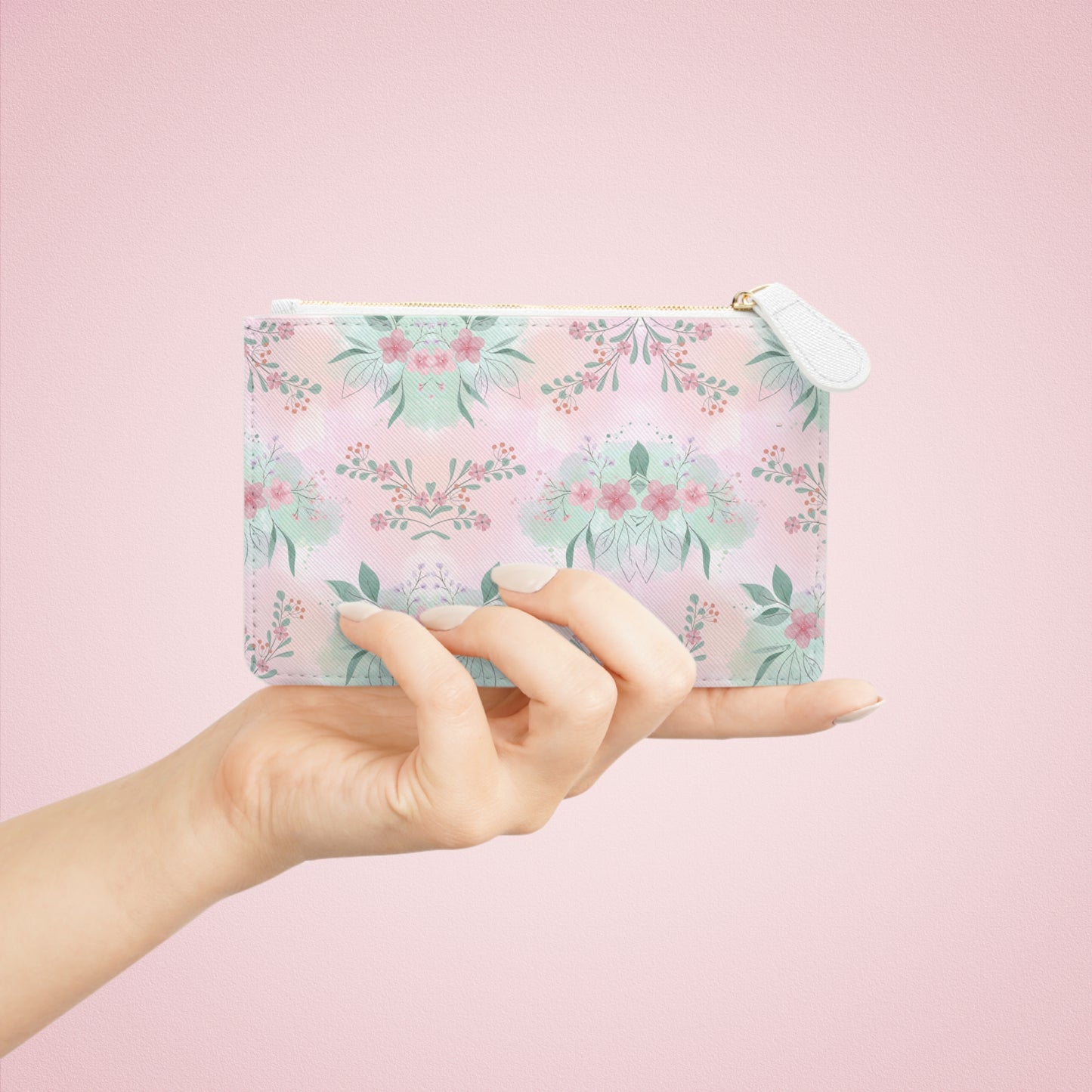 Floral Pastel Mini Clutch Bag – Pink Watercolor Bouquet Wristlet