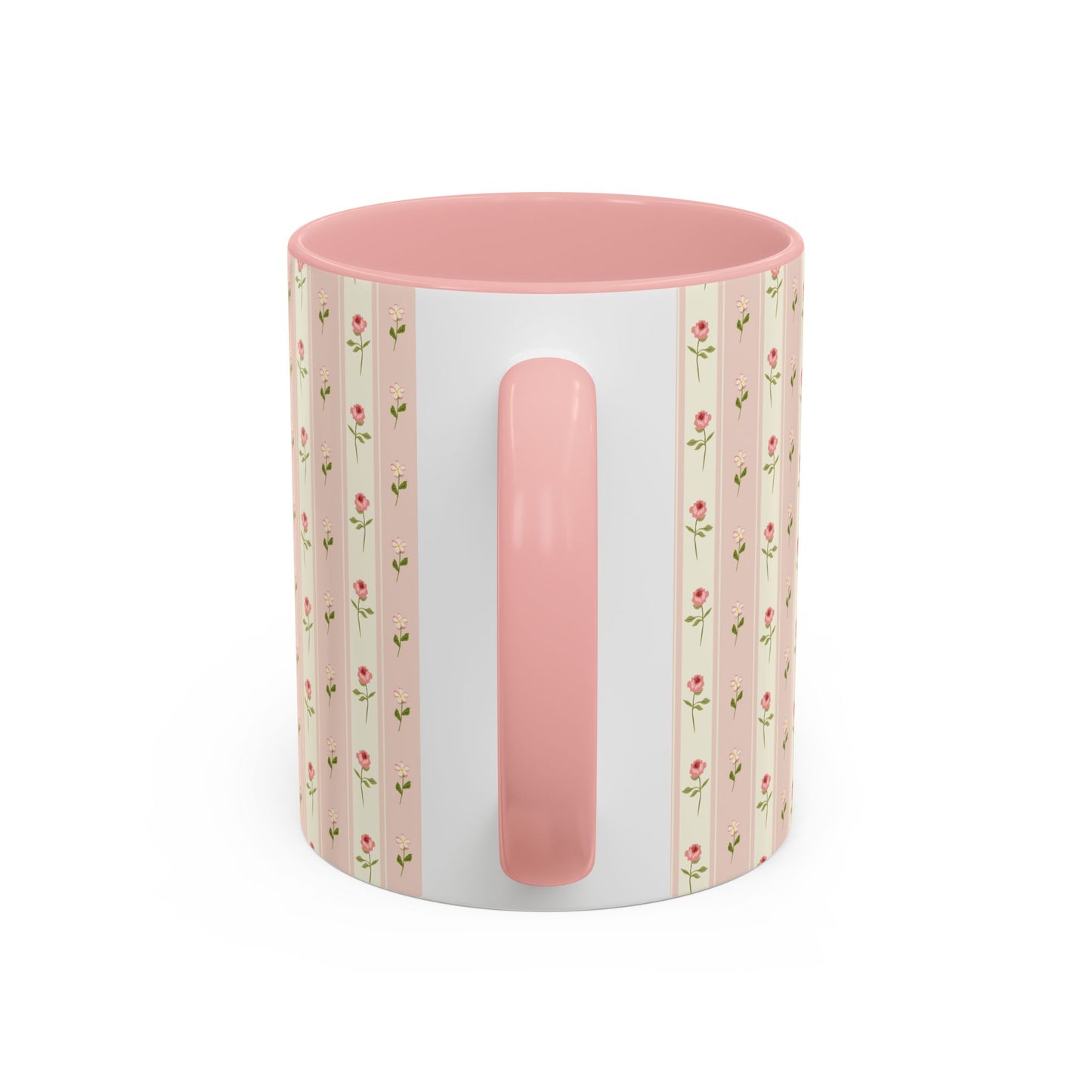 Pink Rose Stripe Accent Coffee Mug – Floral Vintage Tea Cup (11/15oz)