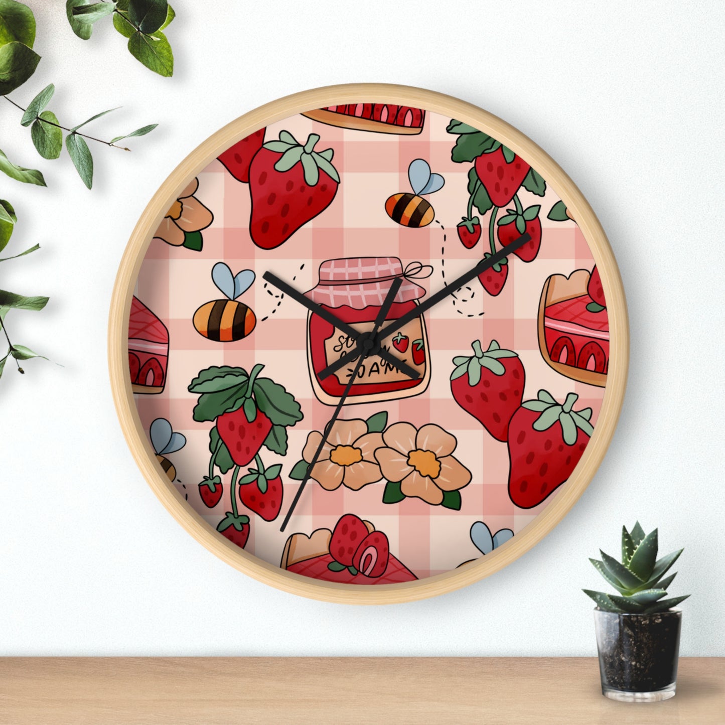 Strawberry Jam Pattern Wall Clock — Cute Gingham Kitchen Decor