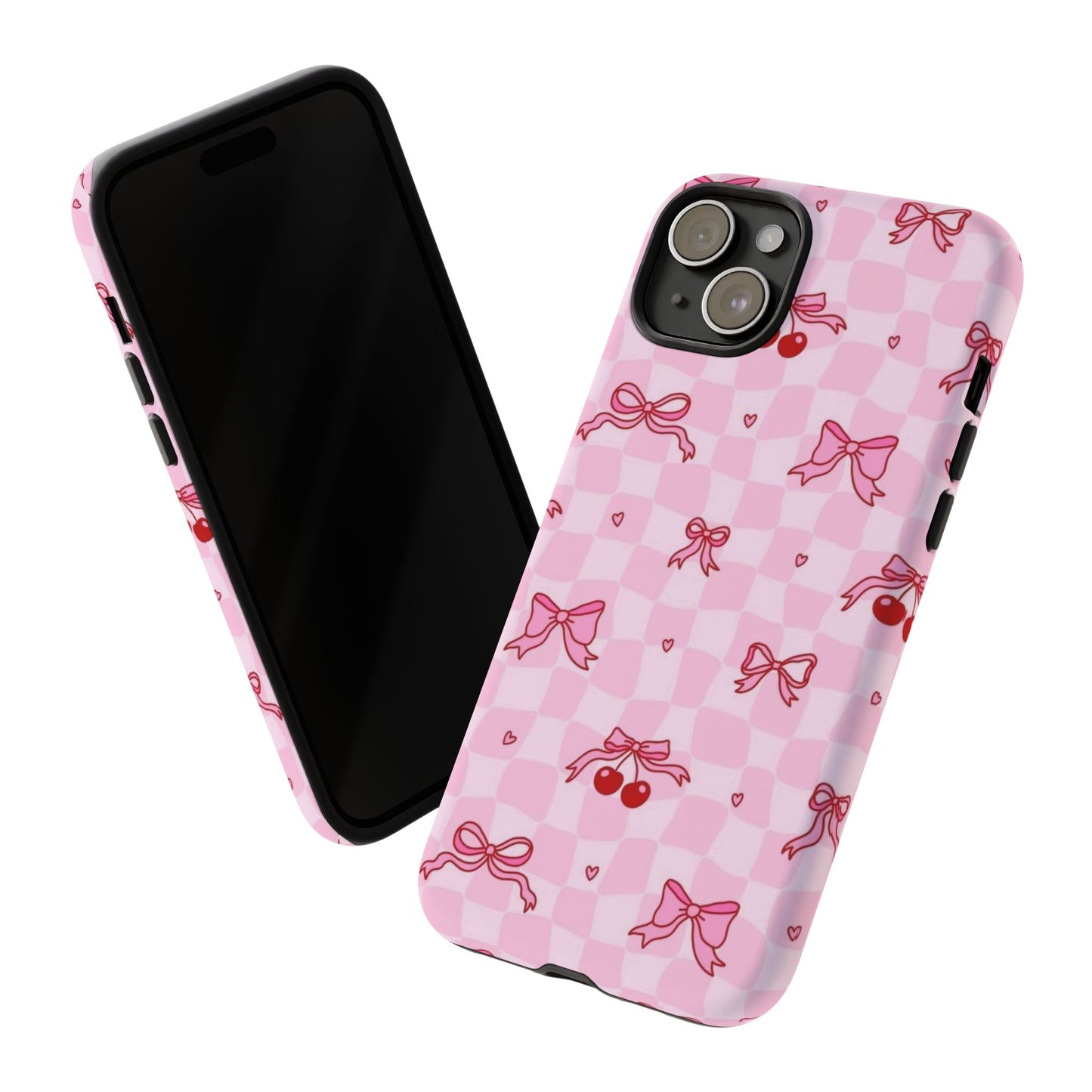Pink Cherry Bow Phone Case — Cute Checkerboard iPhone Protection
