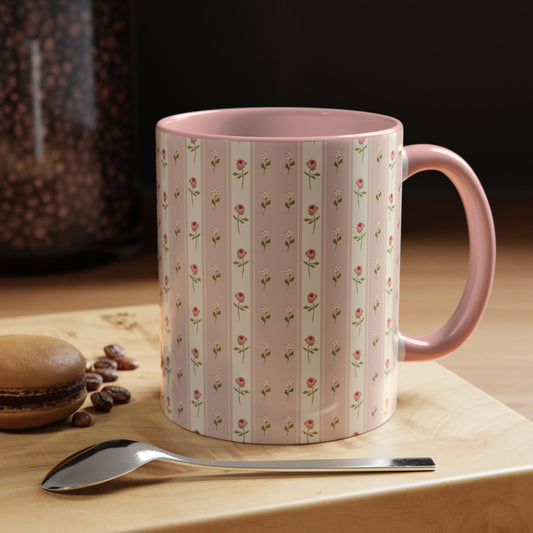 Pink Rose Stripe Accent Coffee Mug – Floral Vintage Tea Cup (11/15oz)