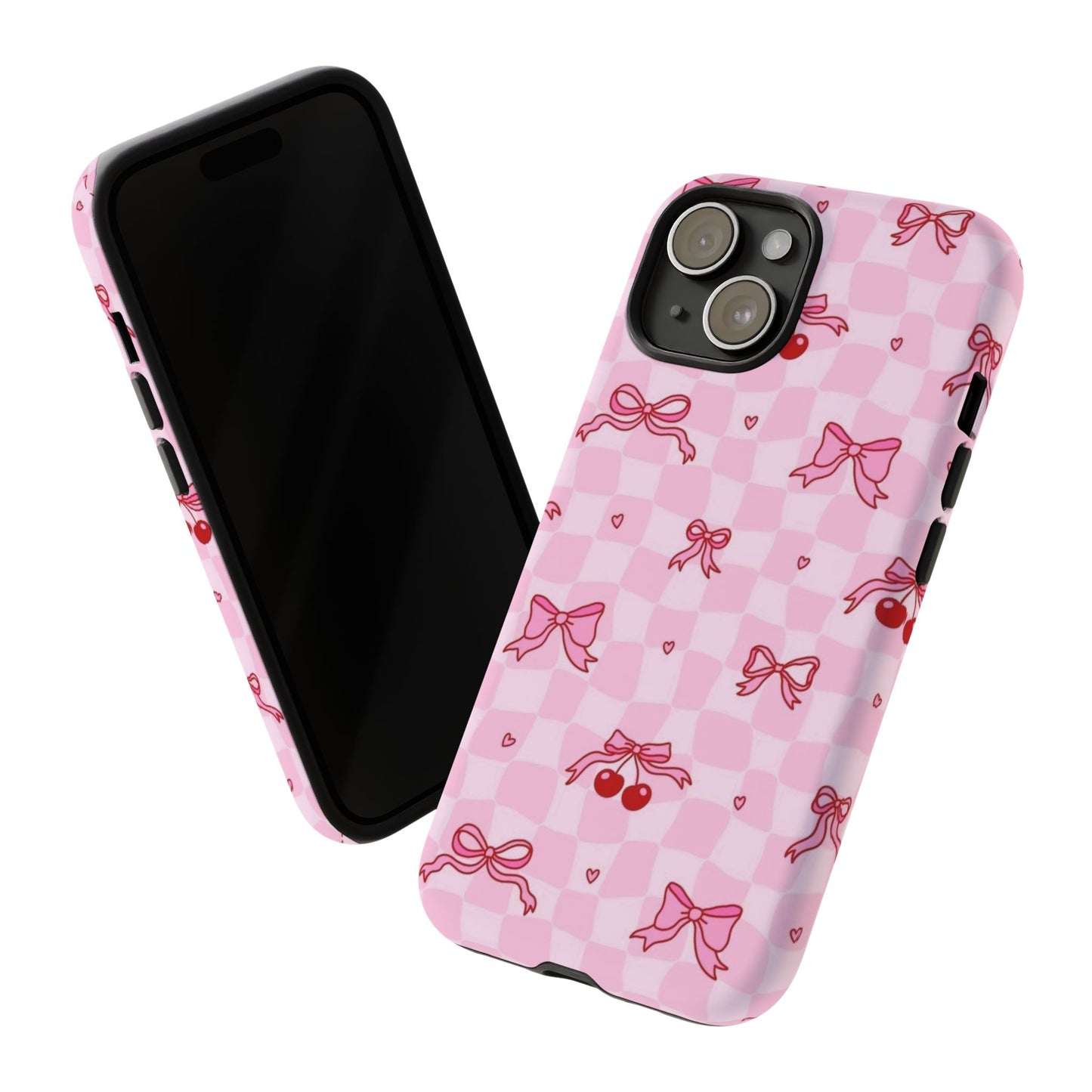 Pink Cherry Bow Phone Case — Cute Checkerboard iPhone Protection