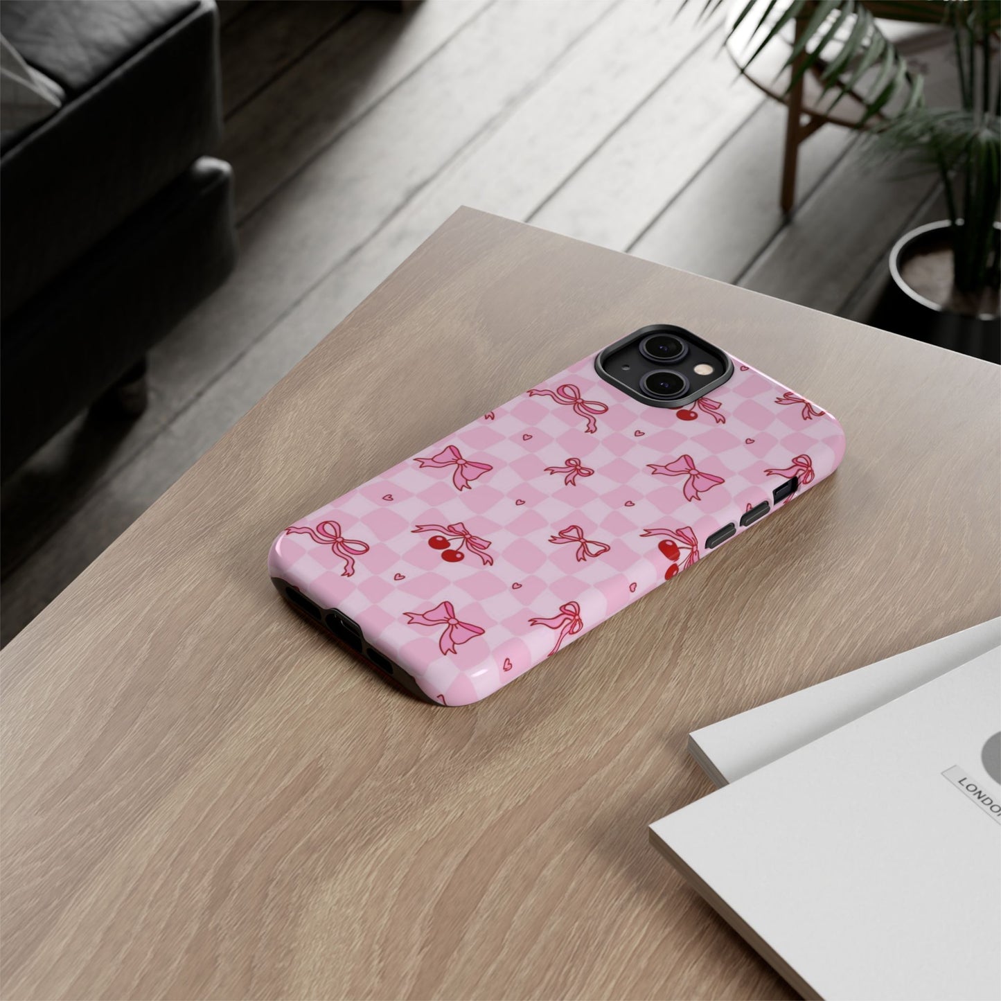 Pink Cherry Bow Phone Case — Cute Checkerboard iPhone Protection