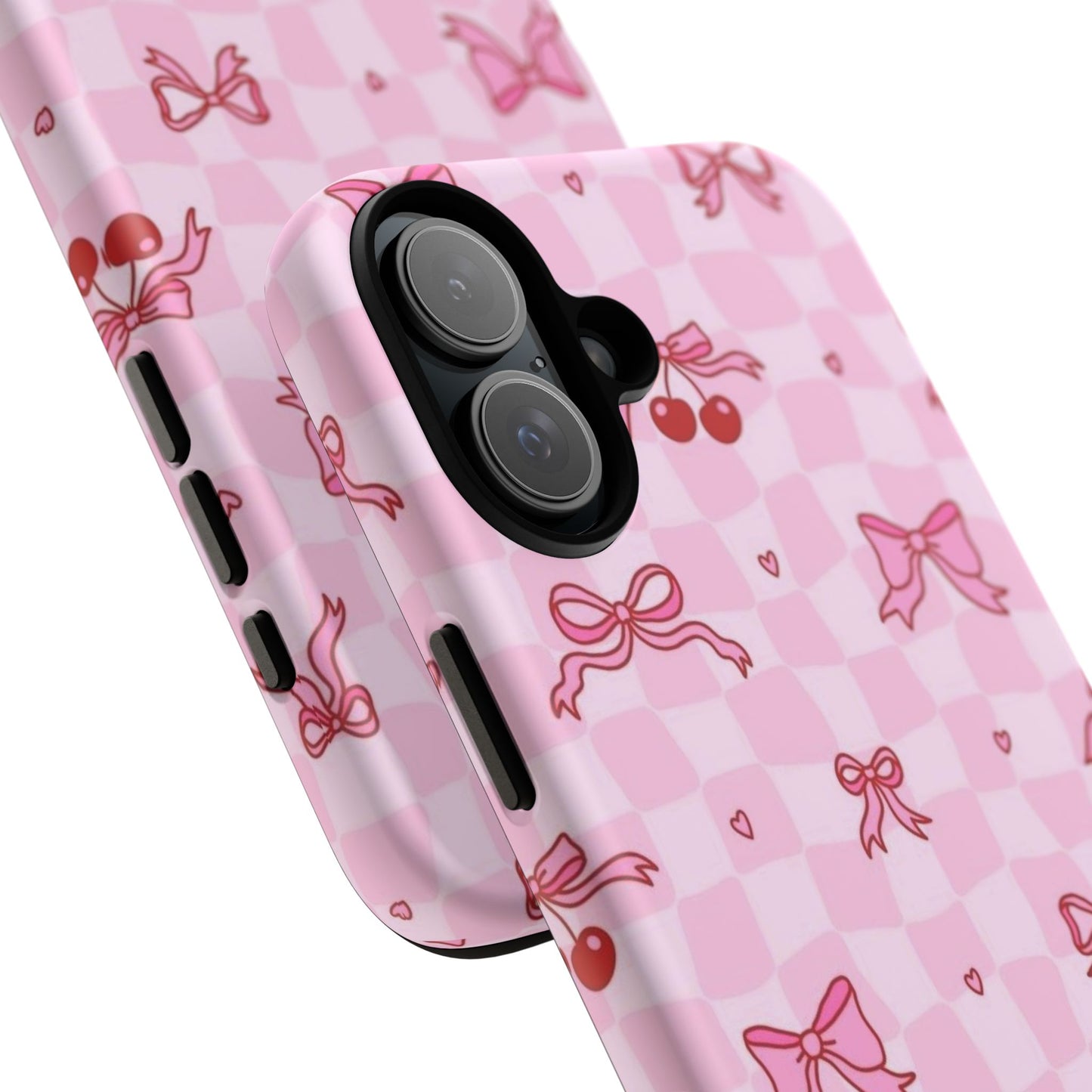 Pink Cherry Bow Phone Case — Cute Checkerboard iPhone Protection